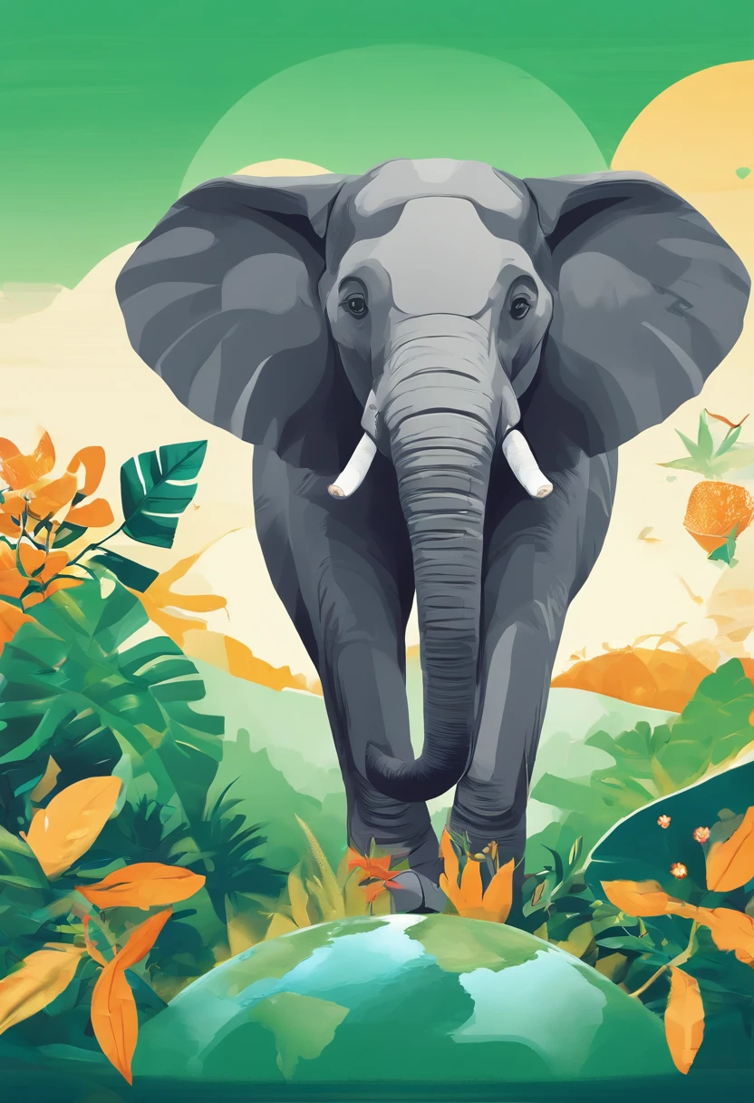 Earth Day poster,flatillustration,Super cute elephant on green spherical globe,Thai construction golden tower,Banana leaves,Blue-gray elephant,the trees,florals,scenecy,blue colors,green color,amarelo,simple backgound,Center composition,vivd colour,lightand shade contrast,hyper-high detail,4K,flatillustration