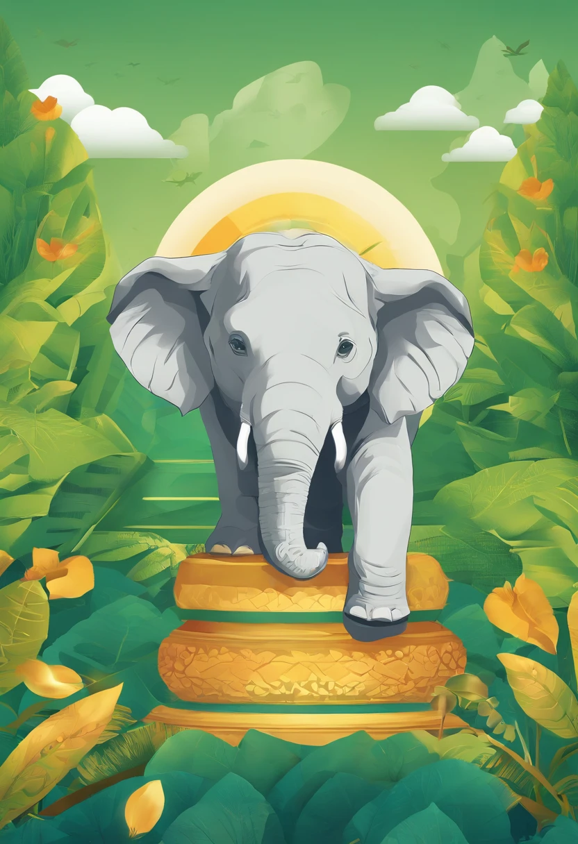 Earth Day poster，flatillustration，Super cute elephant on green spherical globe，Thai construction golden tower，Banana leaves，Blue-gray elephant，the trees，florals，scenecy，blue colors，green color，amarelo，simple backgound，Center composition，vivd colour，lightand shade contrast，hyper-high detail，4K，flatillustration