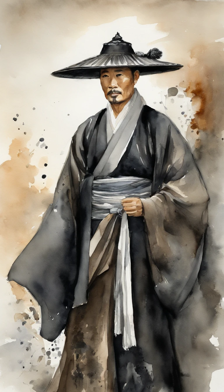 a man wears black Hanfu, ink and watercolor painting