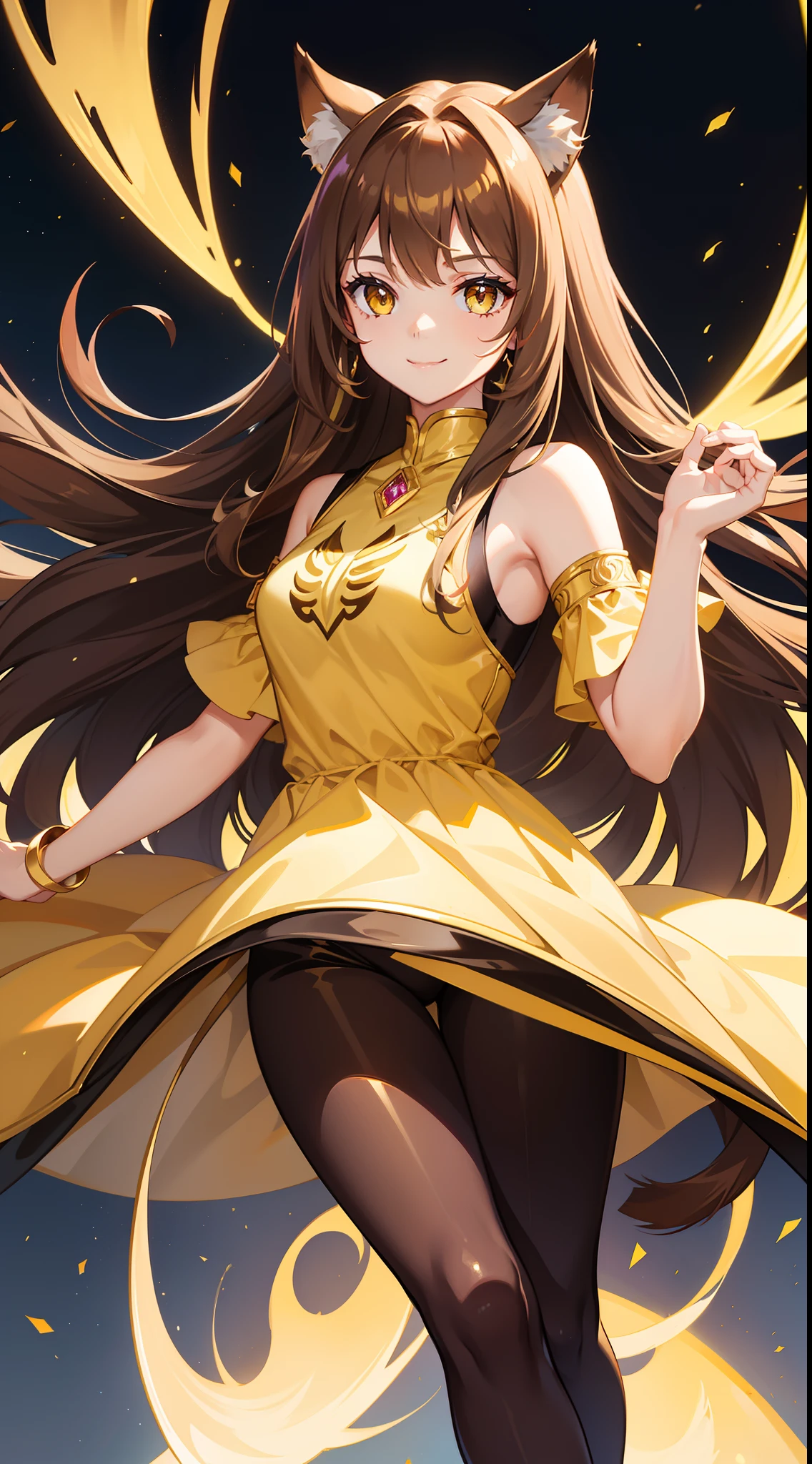 young girl, Long brown hair, cat ears, Yellow eyes, Smile, Brown tight upper, pants, diadem, Gold Elements, She-ra, Masterpiece, hiquality, 4k, HD, Good detail