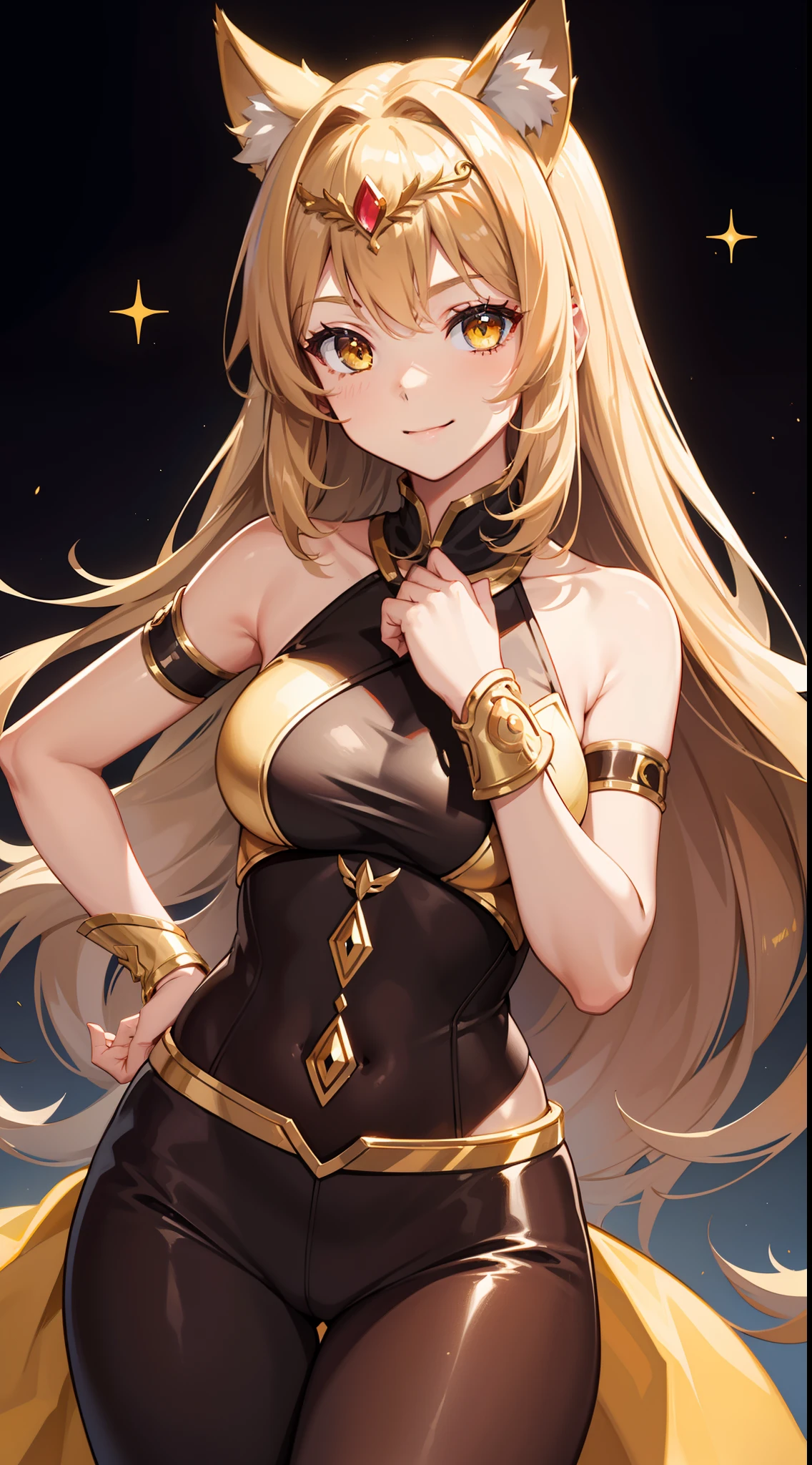score_9, score_8_up, score_7_up, source_anime, solo, 1girl, opheliadef, smile, looking at viewer, standing, ahoge, circlet, yellow cape, bodystocking, turtleneck, center opening, covered navel, bridal gauntlets, black thighhighs, cleavage, <lora:fireemblem_ophelia_ponyXL:1> aihoshinopose, double v, tongue out <lora:pose_aihoshinopose_ponyXL:.95>,