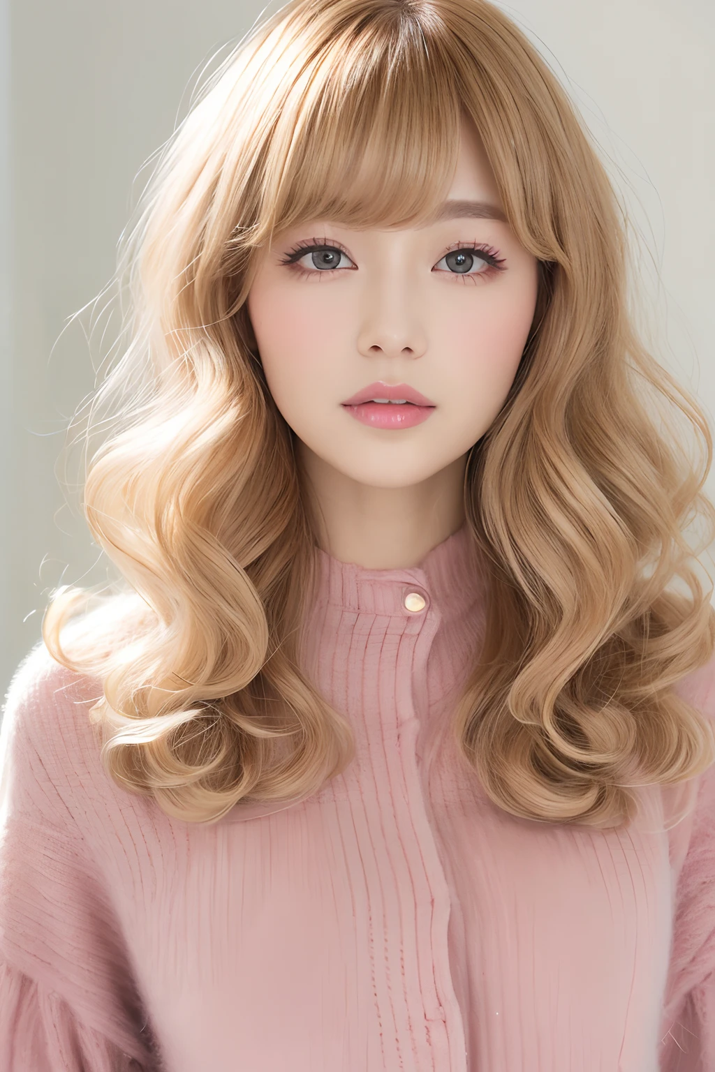 Portrait of girlish business look hairstyles for spring summer。Hair color is honey blonde、Softwave styled with fluffy curled bangs and playful curls。Pink lip and soft blush makeup reflect a cozy and attractive look。