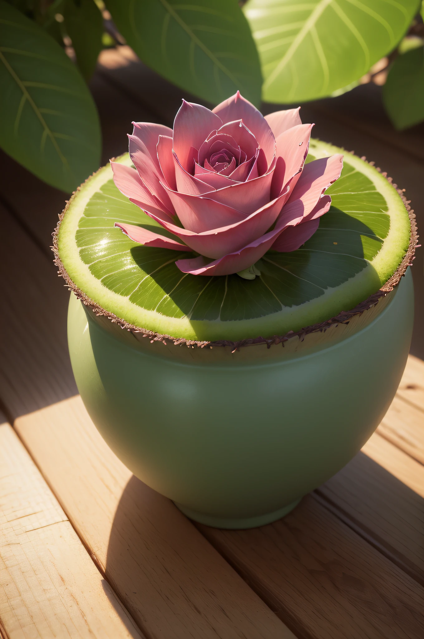 (best quality,4k,8k,highres,masterpiece:1.2),ultra-detailed,(realistic,photorealistic,photo-realistic:1.37),succulent flower,rosa,green leaves,vibrant colors,detailed petals,soft lighting,delicate texture, botanical illustration,close-up,macro photography,ethereal beauty,aesthetic floral arrangement,harmonious color palette,sunset hues,serene and peaceful ambiance