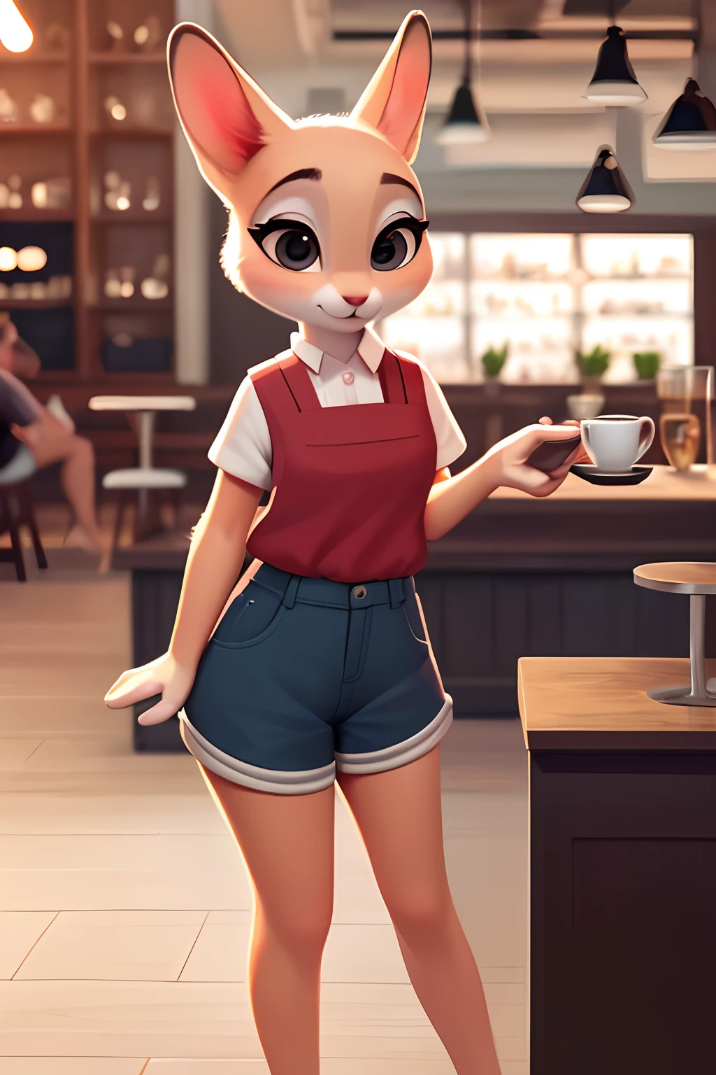 (by qupostuv35:1.0), female ((anthro, humanoid)), [(thin:1.1) : small petite :4], (Detailed face), (anthropomorphic legs, anthropomorphic hands:1.1), (solo), (:1.1), works in a cafe, shorts