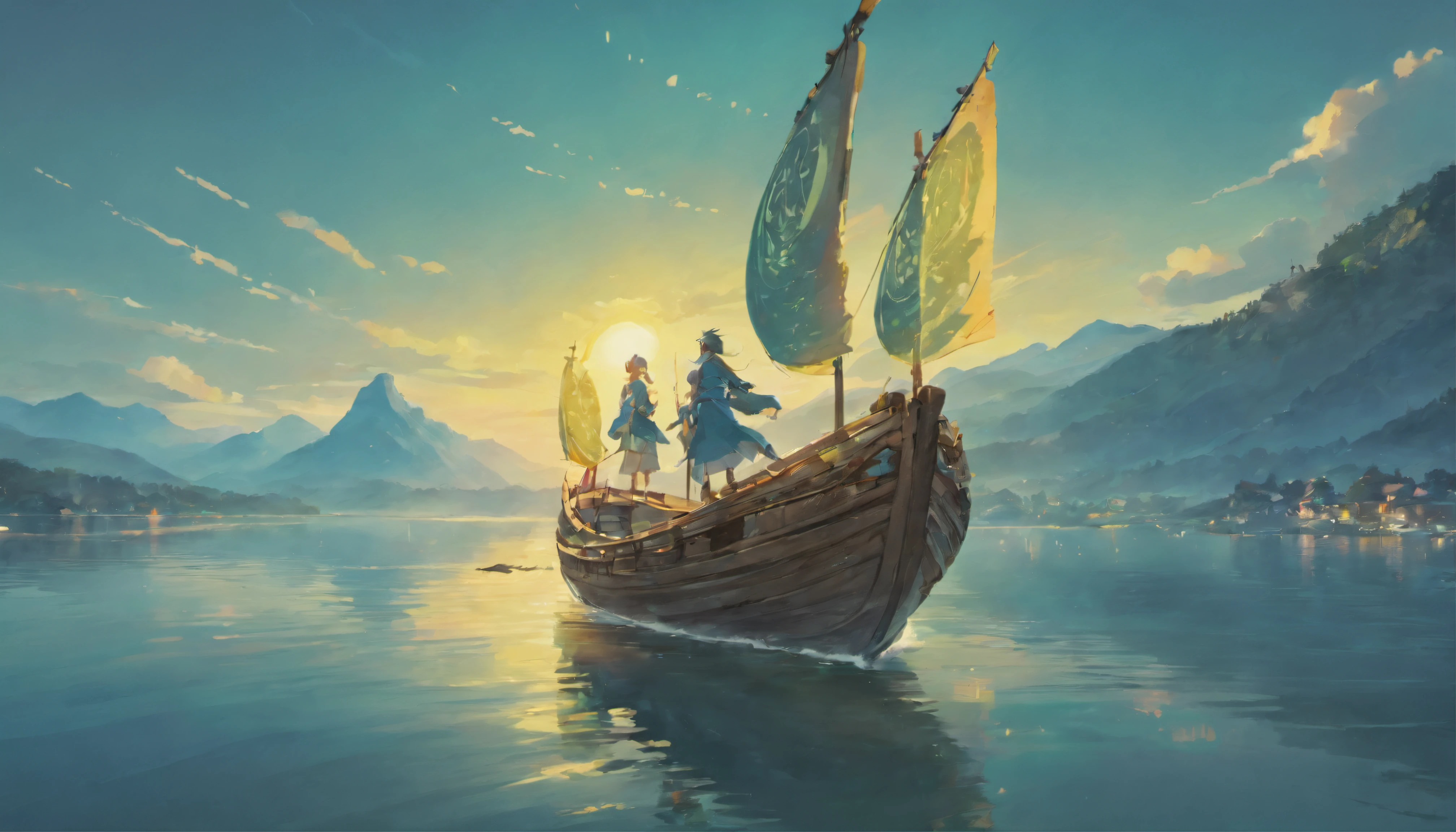 Draw boats in lakes with mountains and sun,dreamlike digital painting, fantasy digital painting, fantasy. gondola boat, Chinese style painting, digital cartoon painting art, glossy digital painting, Chinese painting style, Digital fantasy painting, 8k resolution digital painting, 8 k resolution digital painting, Fantasy landscape painting, A beautiful artwork illustration, 4 k digital painting