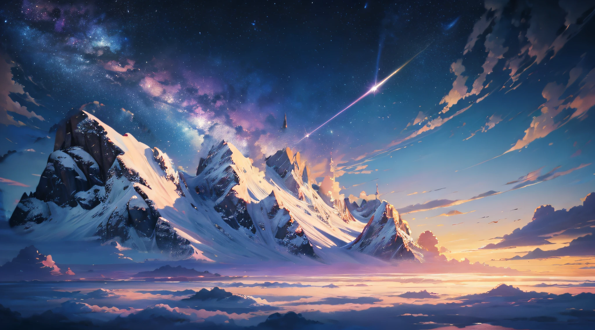 Expansive landscape photograph,(moon full:1.2),(meteors:0.9),(Starcloud:1.3),Far Mountain, (Warm light source:1.2),(glowworm:1.2),lamp lights,Lots of purple and orange,Complicated details,Volumetriclighting,Realism BREAK(tmasterpiece:1.2),(best qualtiy),8K,Ultra-detailed,(dynamic compositions:1.4),The is very detailed,Colorful details,(Irridescent color:1.2),(luminouslighting,Atmospheric lighting),dream magical,magical,(独奏:1.2),((best qualtiy)), ((tmasterpiece)), (the detail:1.4),depth of fields,maximum definition and sharpness,perfectly proportions,Fluttering clouds,Wallpapers