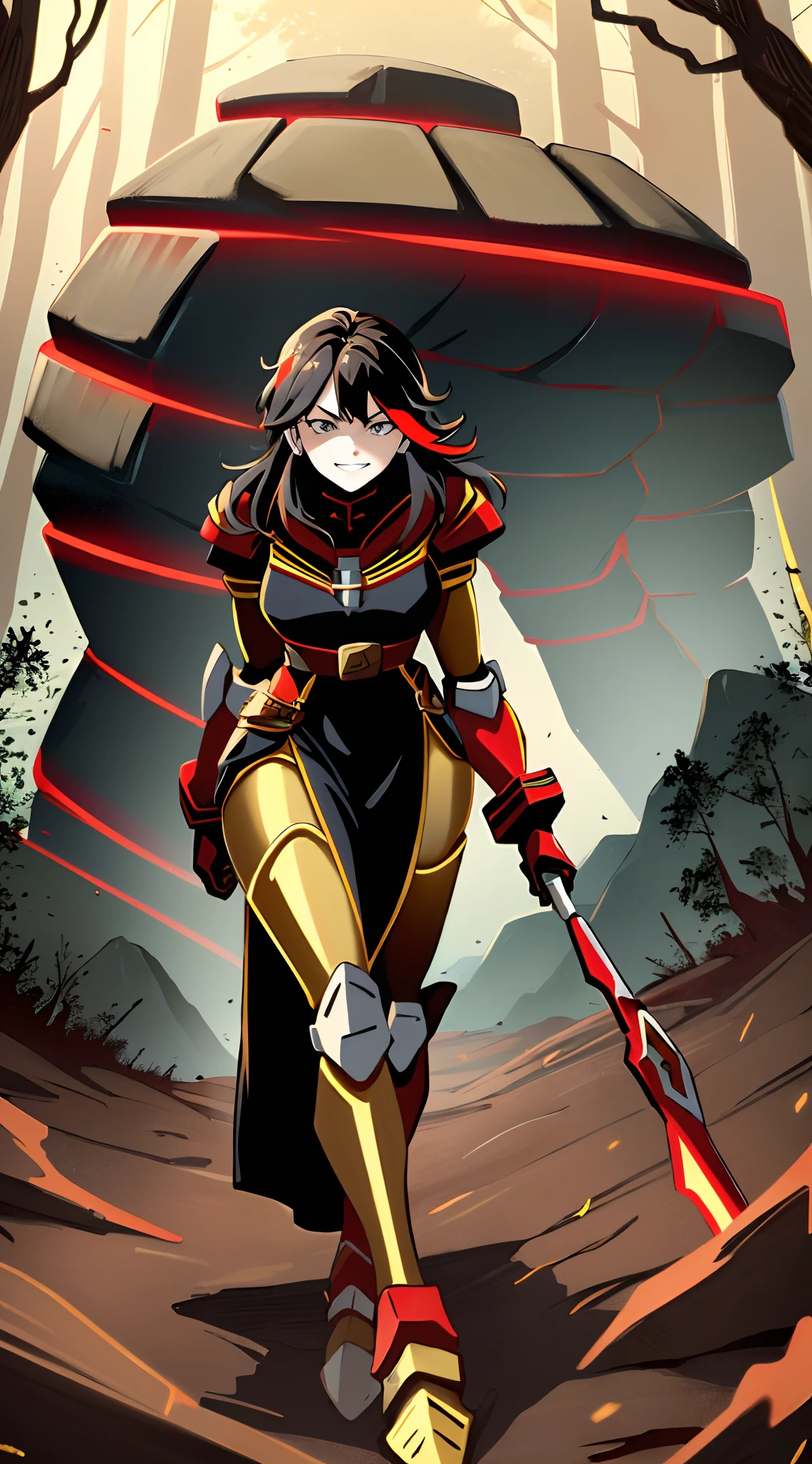 ((Masterpiece, Best Quality)): 1Girl, Princess Ryuko matoi wearing Heavy red black and gold Knight Armor, heavy mech armor, cyber armor red and black, gold belt, heavy red black dress, long hair, long tapered red dress with gold and black highlights, princess armor, long flowing black dress with red highlights and gold waist belt, red mechsuit, looking at viewer at eye-level, full-body, forest background, forest background with large mountains, heavy armored black gold and red dress, looking at viewer with closed smirk, black knight shoulder pauldrons