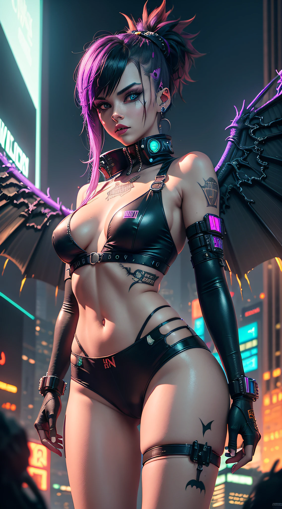 An imaginative young woman, donning Halloween punk wings with a cyberpunk twist, explores a futuristic, neon-lit cityscape on Halloween night, surrounded by holographic advertisements and towering skyscrapers, igniting the sense of a cyberpunk Halloween adventure, 3D rendering with cyberpunk aesthetics