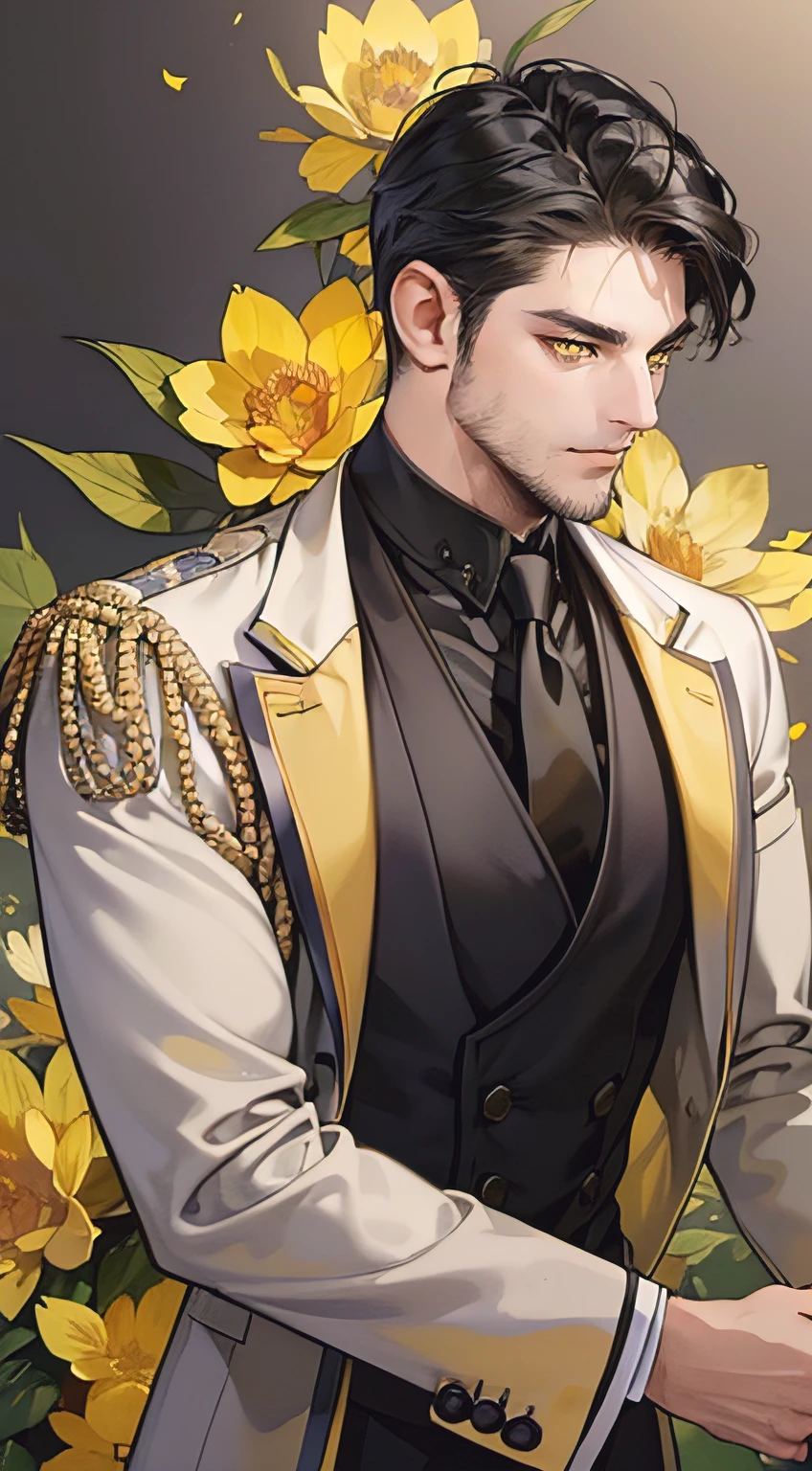 ((masterpiece)),(((best quality))), (detailed light) (detailed shadow), (high quality, breathtaking), (expressive eyes, perfect face), 1man, solo, male, tall, ((mature)), board shoulder, muscular, (stubble bearded), short black hair, (((yellow eyes))), happy smile face, grey suit, black tie, Scotch Brooms flower background, yellow flower petal flying, windy, look at viewer,