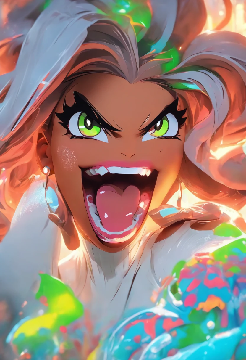 Hibana, 1girl, solo, upper body, portrait, glowing eyes, crazy smile, big smile, looking at viewer, white dress, necklace, cleavage, (black fur edge, black coat), ((orange flames, pink sakura petals floating, orange flames spinning)), perfect quality, good quality, masterpiece, HDR, UHD