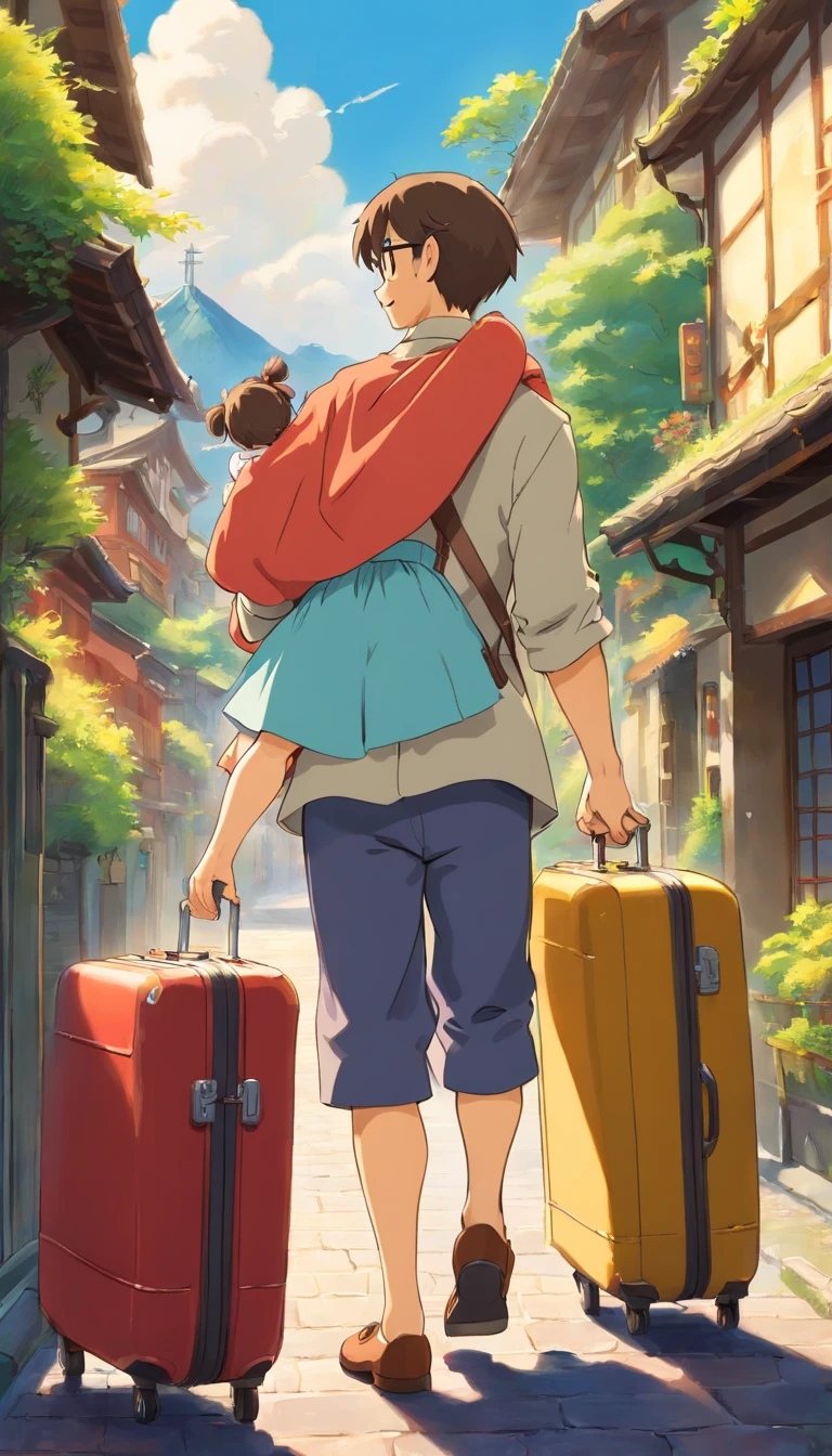 Uncle and daughter pulling suitcases,Back to my home town