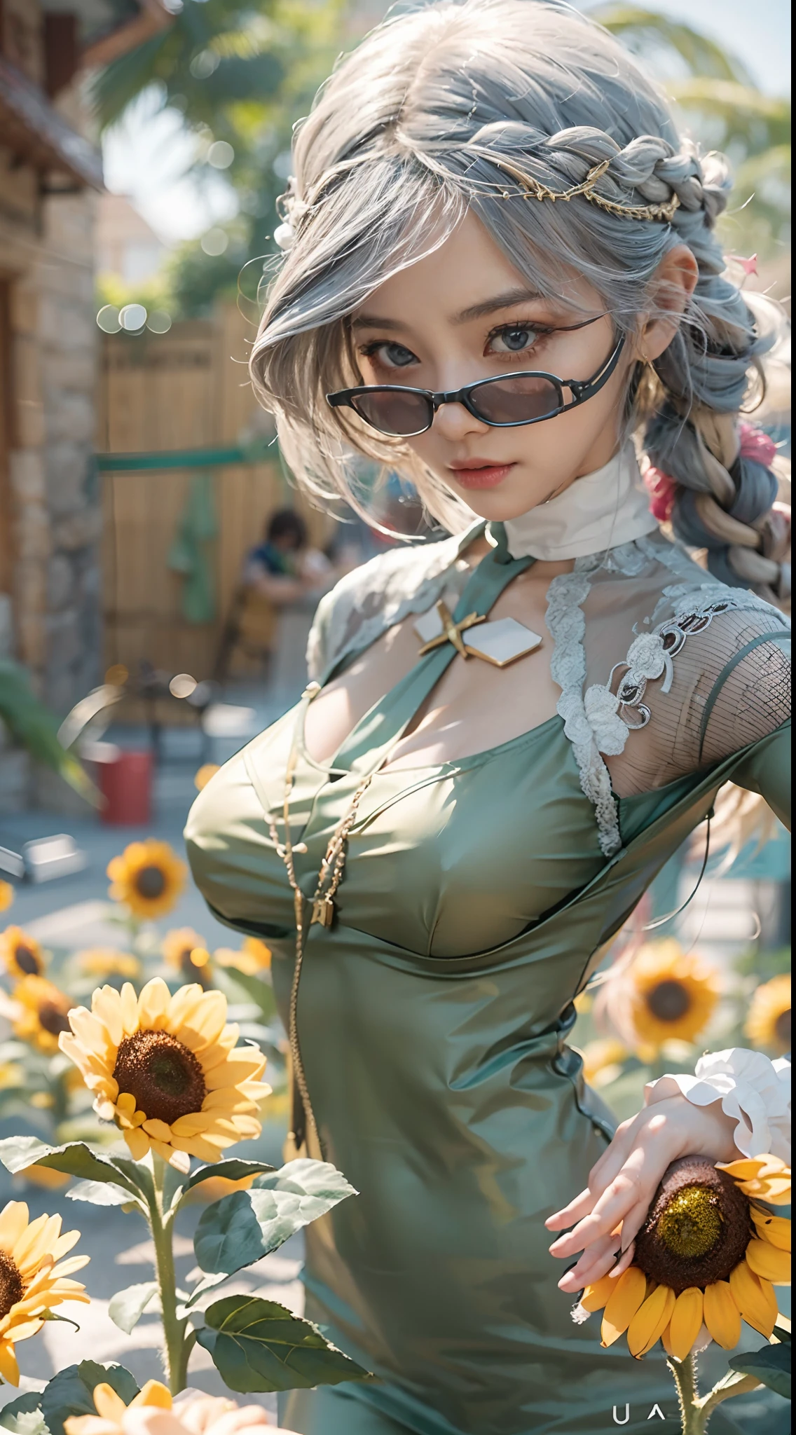 In a very grand scene,The extra-large wide-angle lens captures the appearance of a female centaur。She is a Sunflower Worship nun。She is tall,It has the ultimate curvy beauty,The muscles are slender and firm,Beautiful lines。She has(Super huge sky blue eyes:99.99),Always with sexy glasses。(She wears solemn nun attire:9.9),Stepping on a boot-style skyscraper-heel,A pink cross hangs from his chest。(In front of her is the world's only knitted sunflower potted plant with a super healing smile:99.99),This is the icon of God woven from high-grade yarn。Use Midjourney's advanced tools,Design noble and solemn nun costumes for female centaurs,and highlight her unique physiological characteristics and appearance details,Add realism。And in the context of her prayers and listening to confessions,Spectacular views of nature,Such as the sky where storms and sunny days alternate、Brilliant rivers of stars and auroras、The snow-capped summit of Mount Everest、Fireworks in the mountain town, etc。ao mesmo tempo,Away from the hustle and bustle next to the chapel,Create a fantastic scene。Use Midjourney's advanced tools and multiple color palettes、Brush Strokes、Texture tools and model packages,It shows a sense of atmosphere where beauty and charm coexist。The charm of the female centaur is highlighted through color and lines,Enhance realism with detailing,Create a surreal dreamy feeling。Additionally,Use Midjourney's tools to add various exorcism props and books to the female centaur、pergaminhos,Create intricate hairstyles and outfits,Give her a sense of premium。She never flinches,No matter what monster you encounter,can respond quickly,Even the most extreme armies of natural disasters and monsters could not stop her and her front(The only sunflower in the picture with the Tyndall effect exuding sunlight:999.9)。Use Midjourney's powerful tools,You can do it with incredible detail and beauty,Bring this ultra-grand and beautiful scene to life。Ultra-grand scenes,super wide shot, hdr,(真实感,Masterpiec