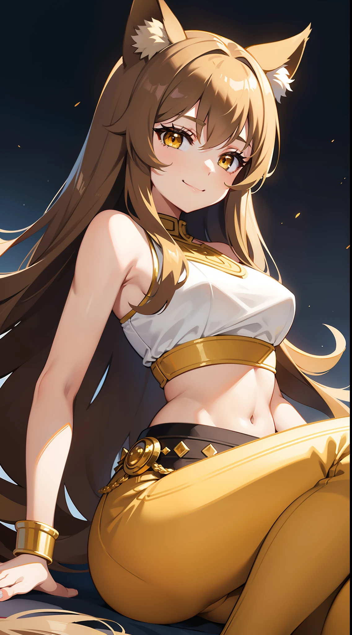 young girl, Long brown hair, cat ears, Yellow eyes, Smile, Brown tight upper, pants, diadem, Gold Elements, She-ra, Masterpiece, hiquality, 4k, HD, Good detail