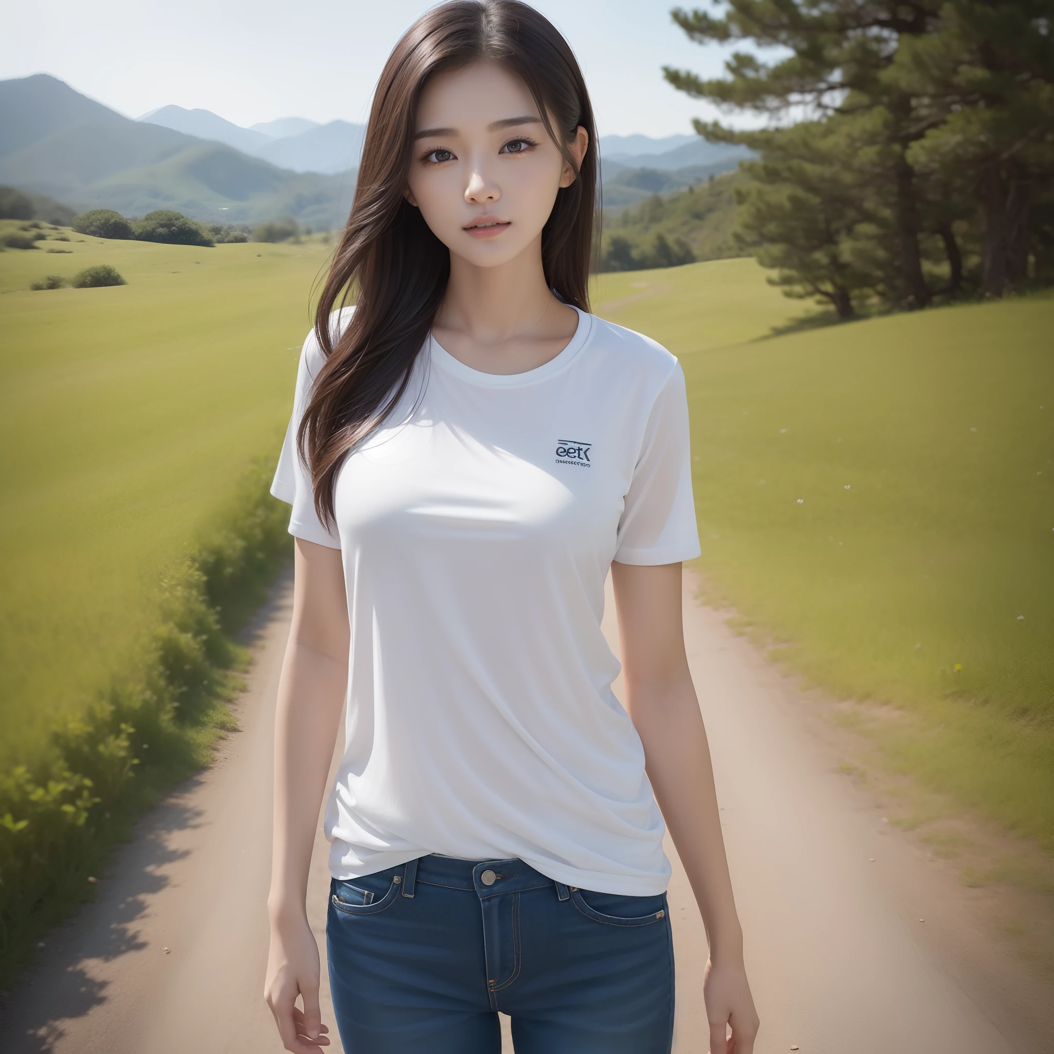 One lady、((best qualtiy、8k masterpieces:1.3))、foco nítido:1.2、(ultra beautiful faces:1.0)、(shinny skin:1.0)、photos realistic、A dark-haired、Video Lighting、High-definition eyes and face、Video Lighting、(Korean Cute Actress)、from the front side、medium breasts、ssmile、Slender Abs Beauty、Whole body、wearing t-shirts、On the trail in the early morning、