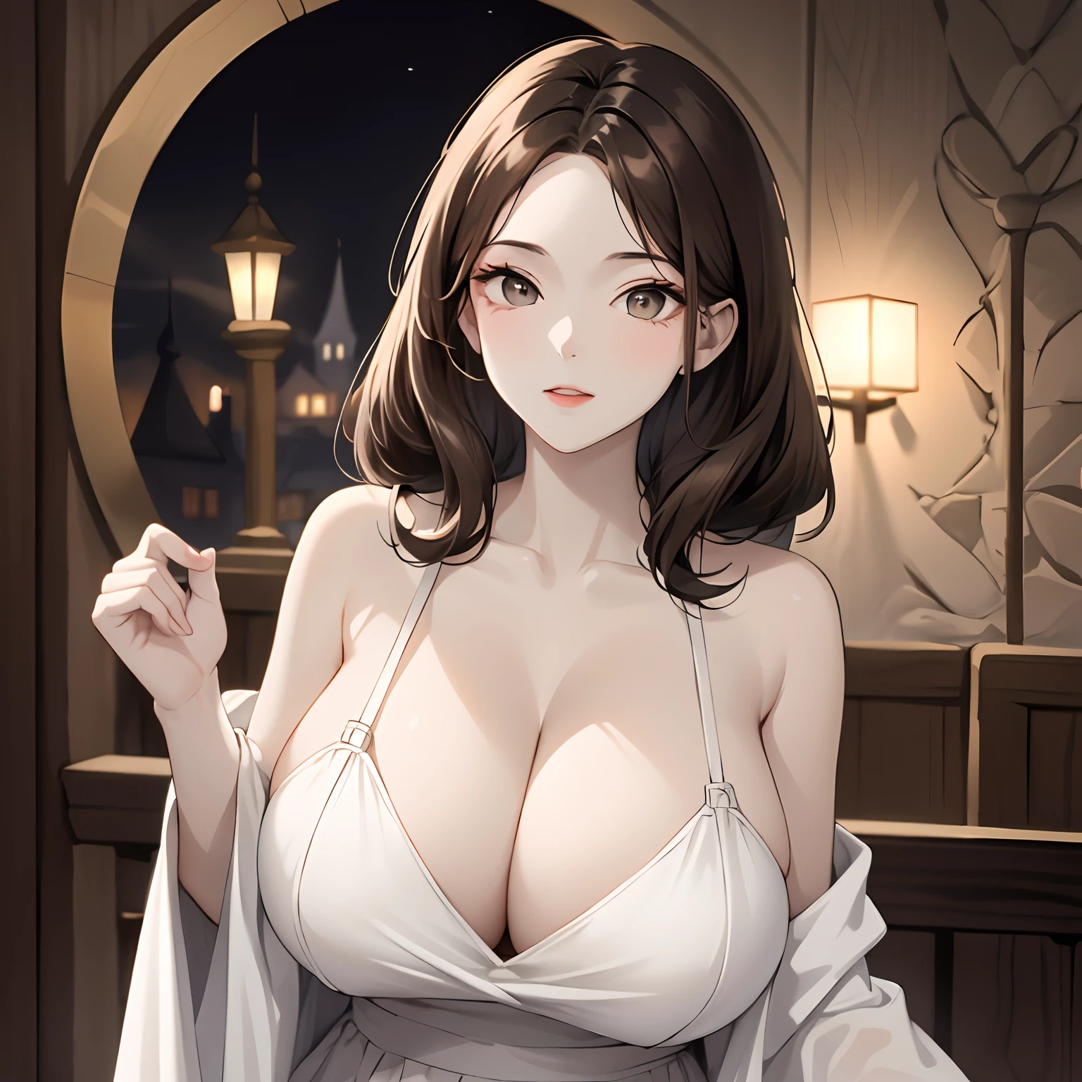 A girl who looks like a marshmallow，独奏，Portrait of an 18-year-old woman on the street, background dark room in the castle at night ，gigantic cleavage breasts, long brown hair, Performances with, wearing white dress open chest sleeveless, cleavage, pale skin