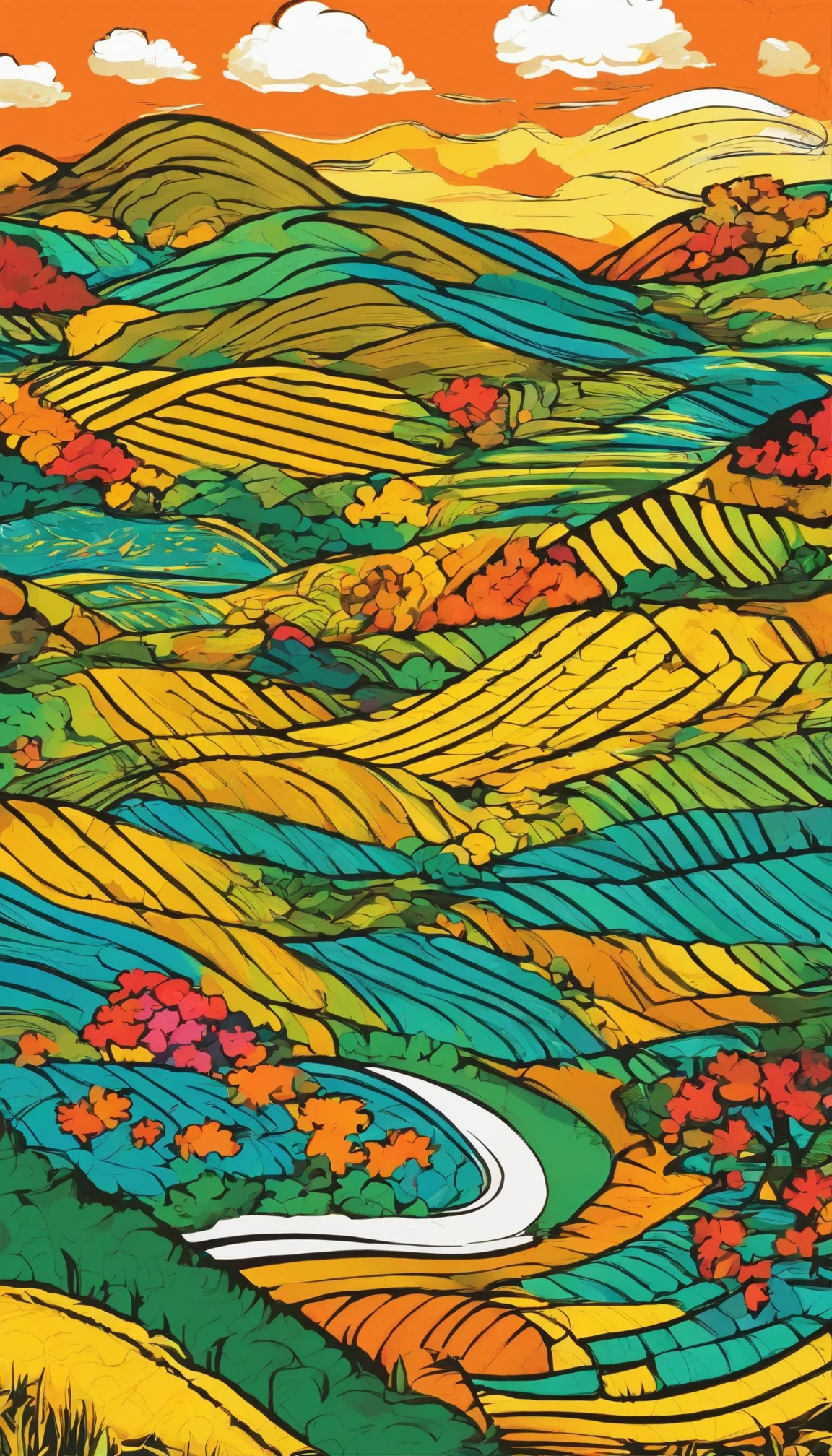 Golden rice paddies、autumnal、Illustration style