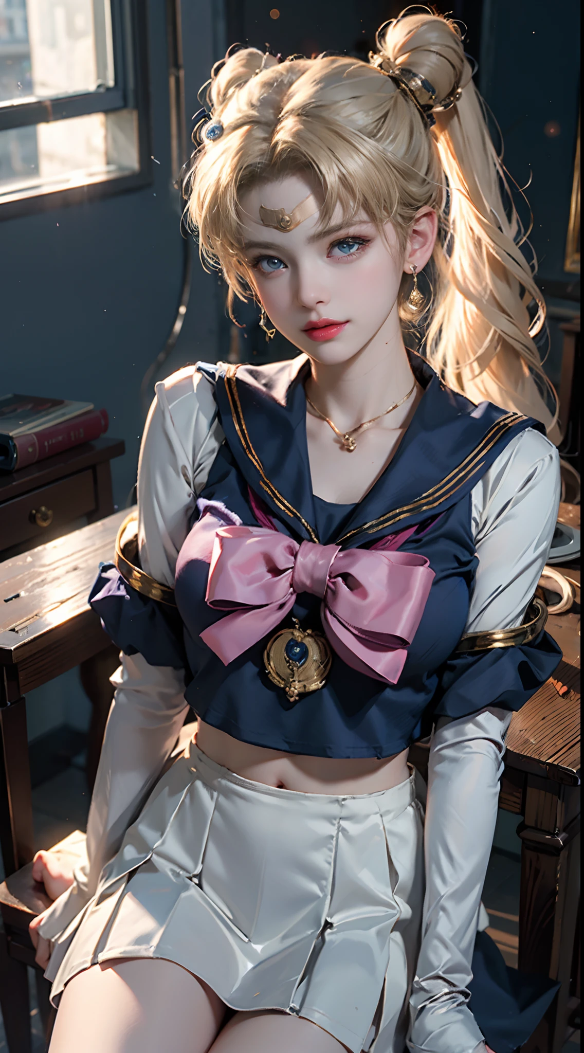 ((Masterpiece)), (Best quality), (Super detail), ((Very detailed)), 4K, (8K), Sailor Moon, Long blonde, Double ponytail, the sailor moon, Dream Core, Coated school shirt, Big breasts