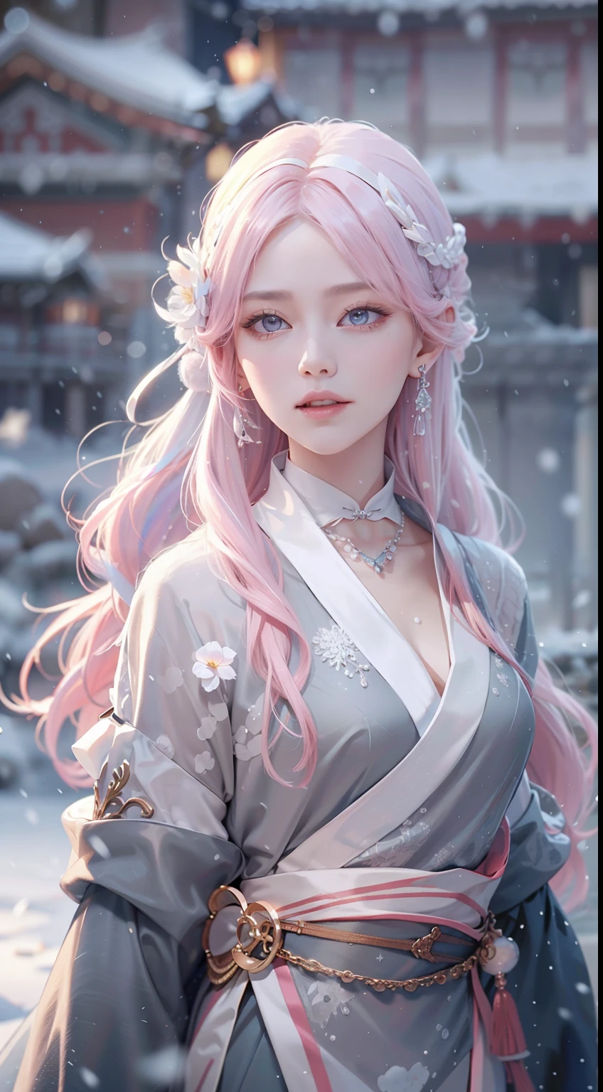 Works of masters,Best image quality,超高分辨率,8K分辨率,first person perspective,s the perfect face,Glowing skin,Exquisite facial features,solo person,femele,ssmile,long whitr hair,Pink hair,crossed bangs,Wave head,Bracelet,Collar,pendant,Hanfu,snowflower,Winters,Temple,New Year,Opal rendering,Cinematic lighting,Winter snow method