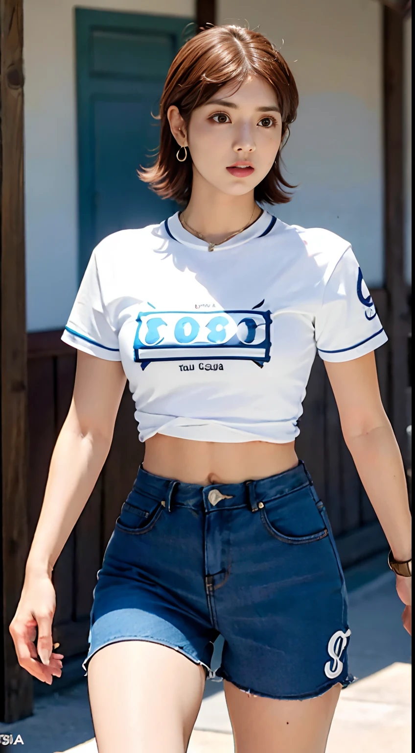((Pecho de copa G, Chica Tomboy,)),  (ABS cincelados : 1.1), (cuerpo perfecto : 1.1), ((pelo blanco corto )) , brown-hair, cuello, cadena, Toma de cuerpo completo, Calle llena de gente, Usar camiseta sin mangas, chaqueta de jeans, (Ropa rasgada:1.3)((shorts)), (fondo de pantalla CG 8k extremadamente detallado), (un extremadamente delicado y hermoso), (Obra maestra), (La mejor calidad:1.0), (Ultra Highres:1.0),  beautiful lighting ,Perfect lightning, Sombras realistas, [Altas Resoluciones], Piel detallada, Ultra detallado (((De color))),Alta realista,Juego de personajes,( pelo corto blanco)