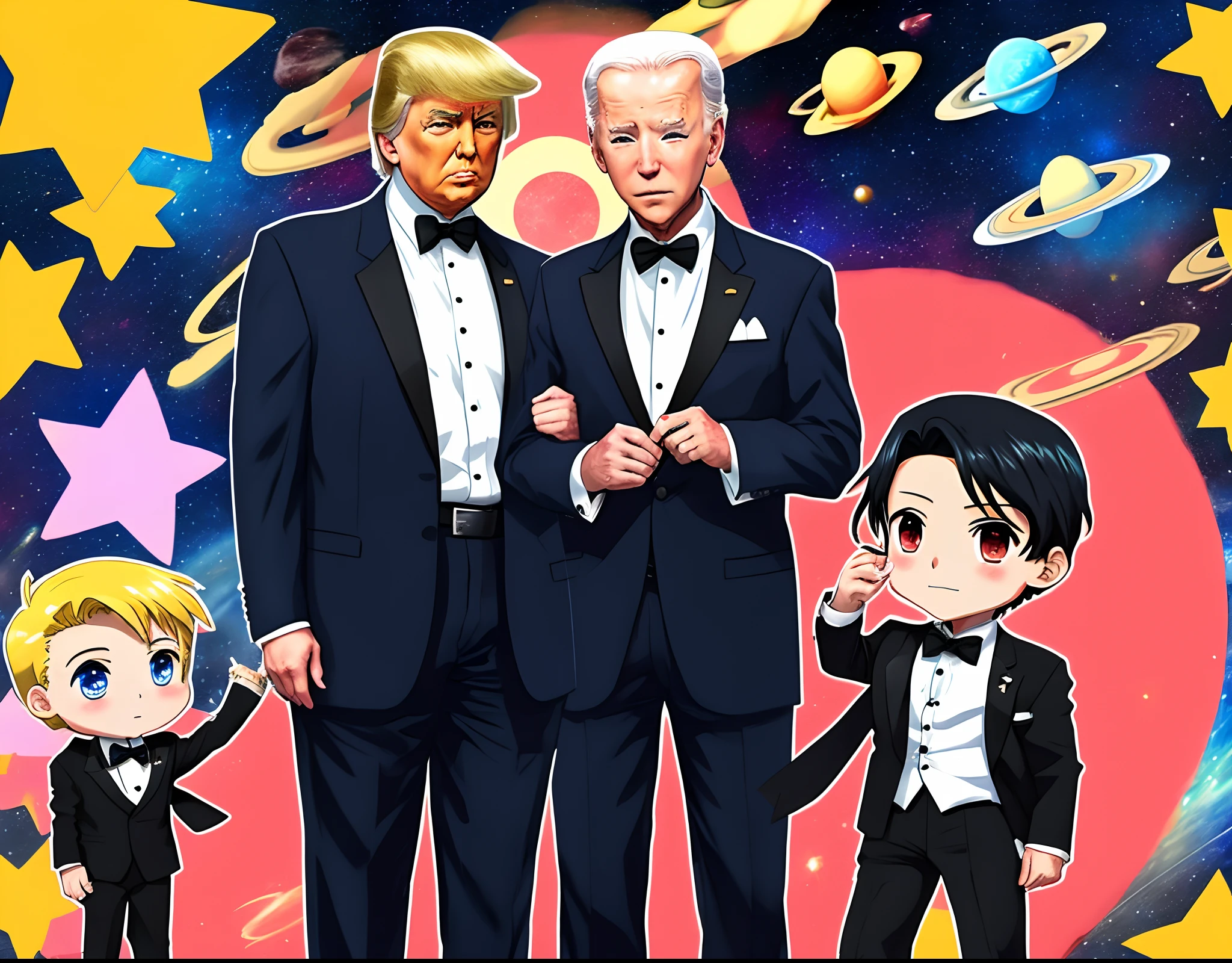 donald trump and joe biden anime style space stars hot boys tuxedo chibi