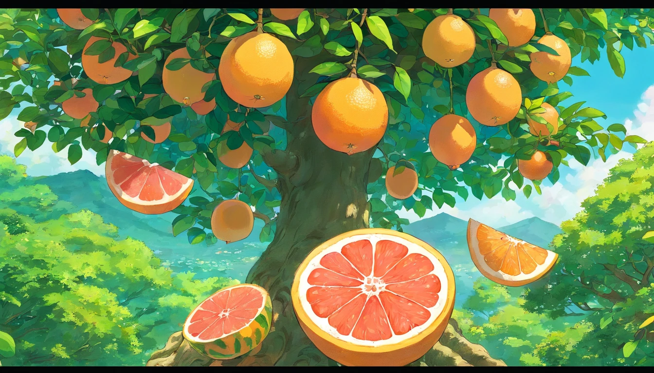 Grapefruit hangs from the tree