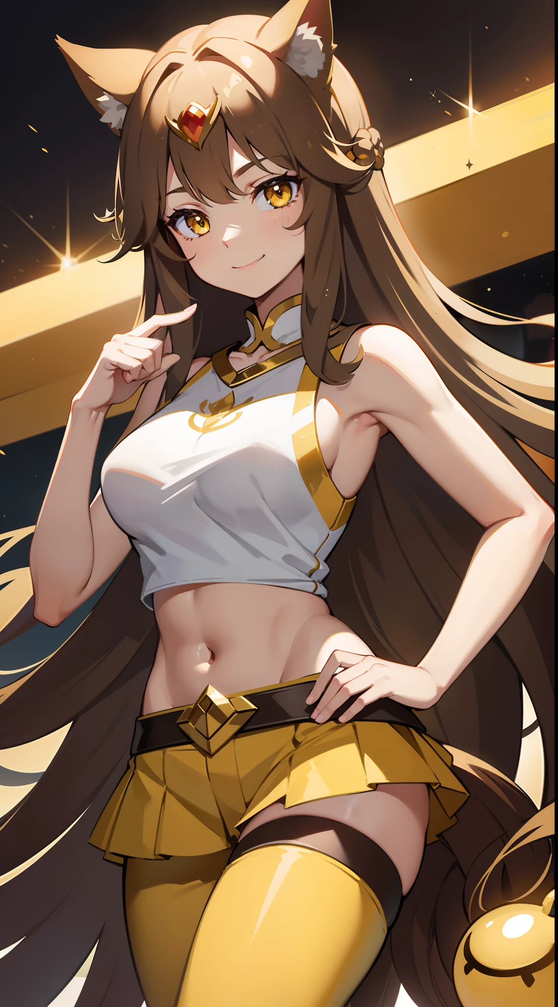 young girl, Long brown hair, cat ears, Yellow eyes, Smile, Brown tight upper, pants, diadem, Gold Elements, She-ra, Masterpiece, hiquality, 4k, HD, Good detail