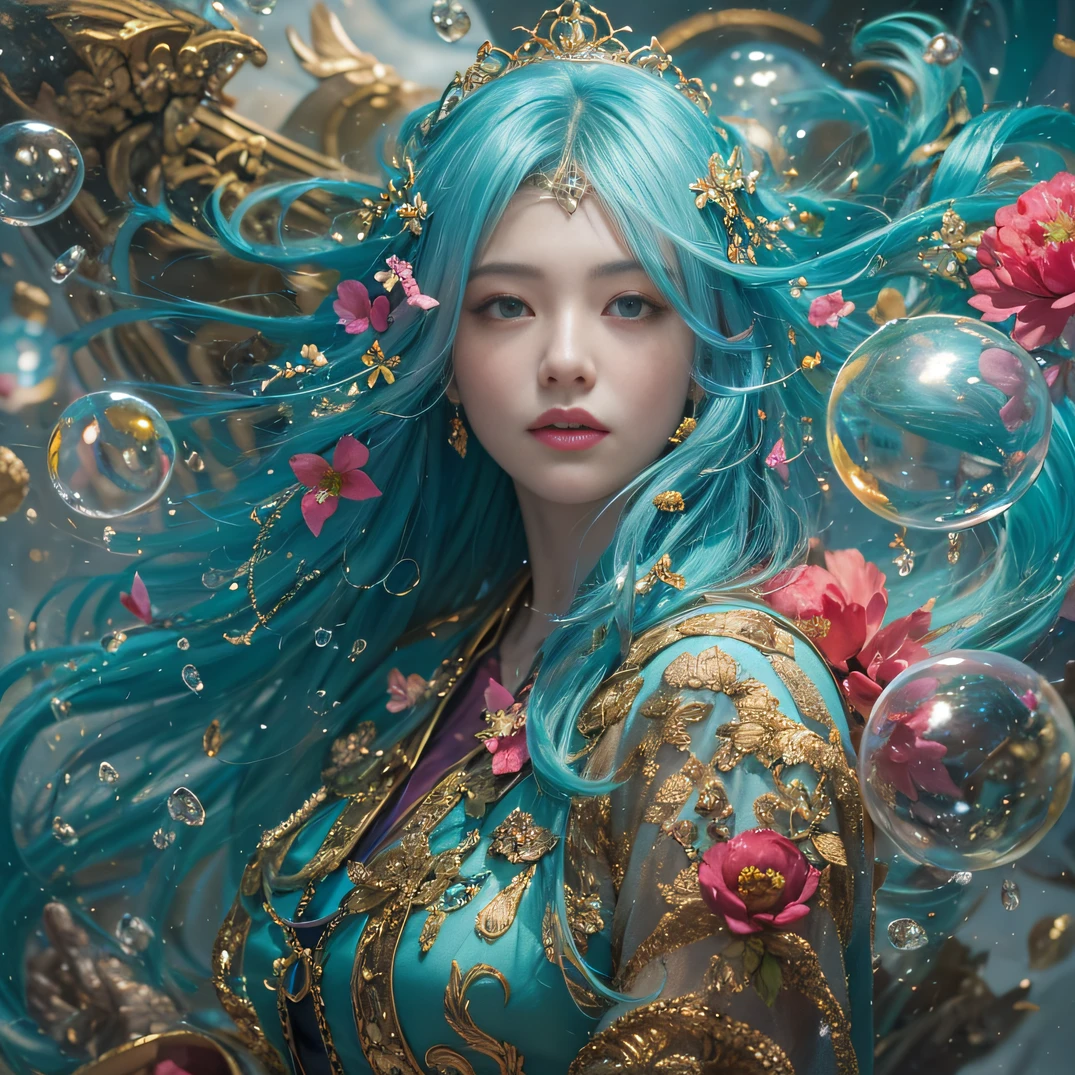 cyan colors，blue colors，enamel，agates，A flesh-colored world，Blood Blue Maiden 32K（tmasterpiece，k hd，Aoyama Pond，hyper HD，32K）Long flowing bright blue hair，blood pond，zydink， a color，Grumpy （Post-halo）， （Linen scarf）， Combat posture， looking at the ground， long whitr hair， Floating bright blue， Fire cloud pattern gold tiara， Chinese long-sleeved gold silk burgundy garment， （Abstract metaverse splash：1.2）， white backgrounid，Peony flower vitality protector（realisticlying：1.4），Bright purple hair，Smoke on the road，The background is pure， A high resolution， the detail， RAW photogr， Sharp Re， Nikon D850 Film Stock Photo by Jefferies Lee 4 Kodak Portra 400 Camera F1.6 shots, Rich colors, ultra-realistic vivid textures, Dramatic lighting, Unreal Engine Art Station Trend, cinestir 800，A girl with long flowing bright blue hair，Huge colorful bubbles