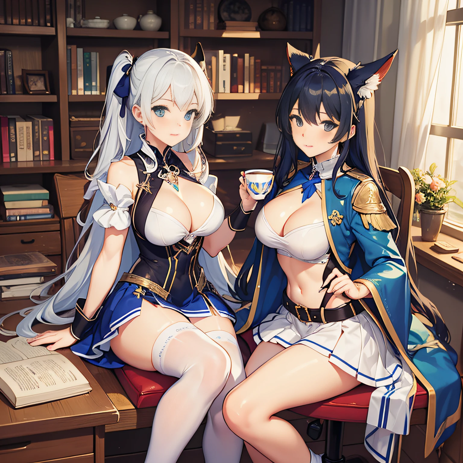 Two girls. A world of swords and sorcery. Sitting on a chair, drinking tea on the desk. White underwear. Miniskirt. Knee-high socks. Big tits. Opening the crotch. Watching from under the desk.