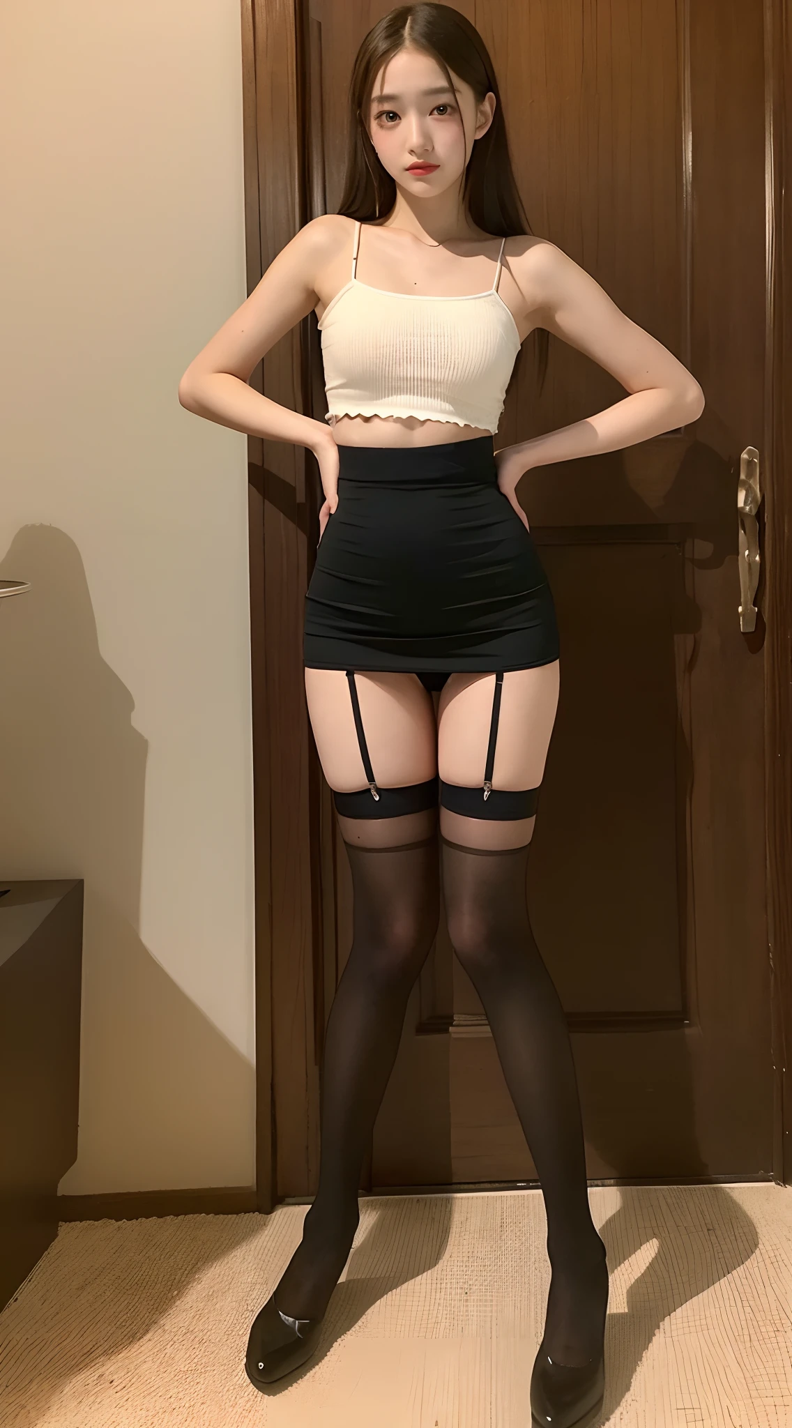 a beautiful woman, spaghetti strap top, high waist short skirt, thighhighs
