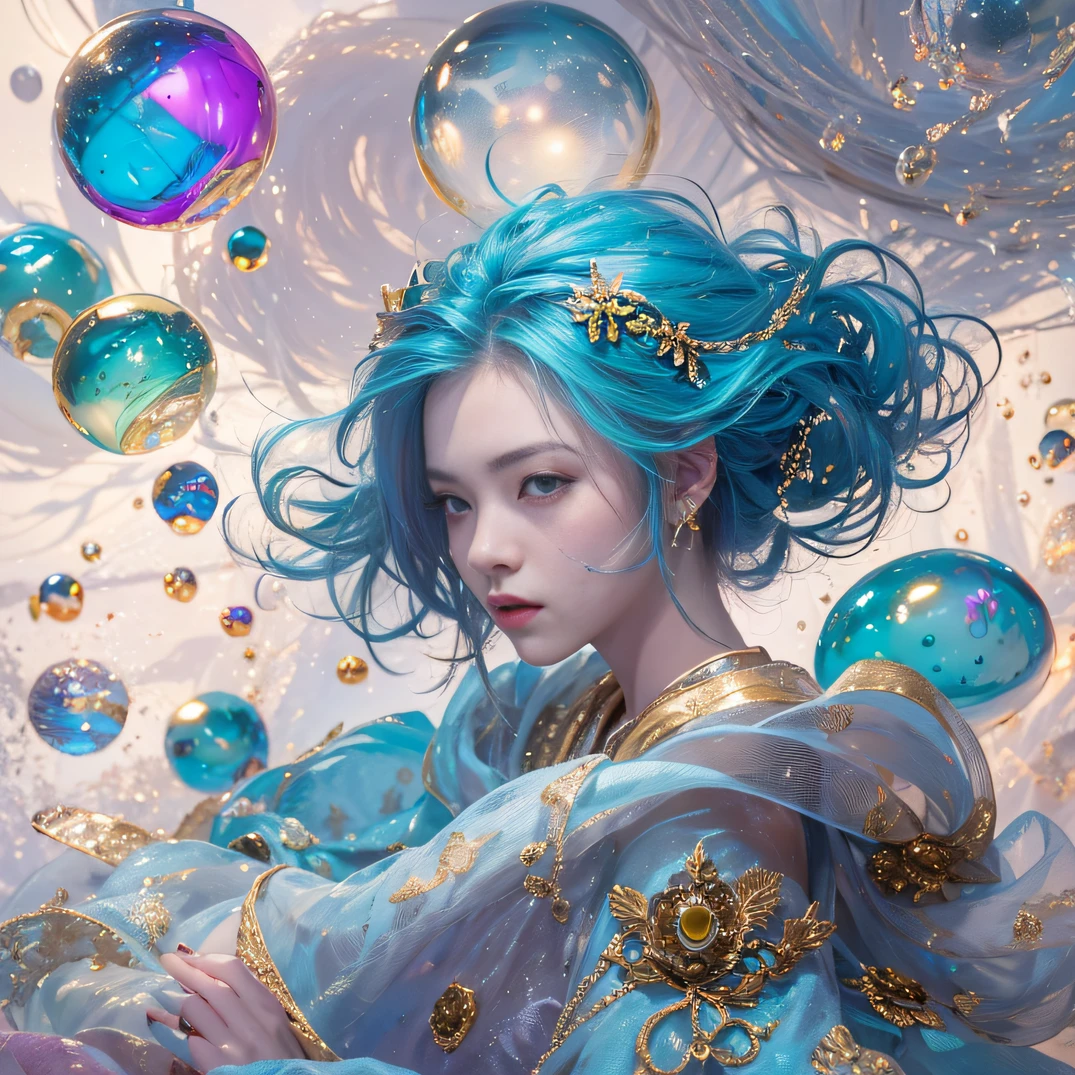cyan colors,blue colors,enamel,agates,A flesh-colored world,Blood Blue Maiden 32K(tmasterpiece,k hd,Aoyama Pond,hyper HD,32K)Long flowing bright blue hair,blood pond,zydink, a color,Grumpy (Post-halo), (Linen scarf), Combat posture, looking at the ground, long whitr hair, Floating bright blue, Fire cloud pattern gold tiara, Chinese long-sleeved gold silk burgundy garment, (Abstract metaverse splash:1.2), white backgrounid,Peony flower vitality protector(realisticlying:1.4),Bright purple hair,Smoke on the road,The background is pure, A high resolution, the detail, RAW photogr, Sharp Re, Nikon D850 Film Stock Photo by Jefferies Lee 4 Kodak Portra 400 Camera F1.6 shots, Rich colors, ultra-realistic vivid textures, Dramatic lighting, Unreal Engine Art Station Trend, cinestir 800,A girl with long flowing bright blue hair,Huge colorful bubbles