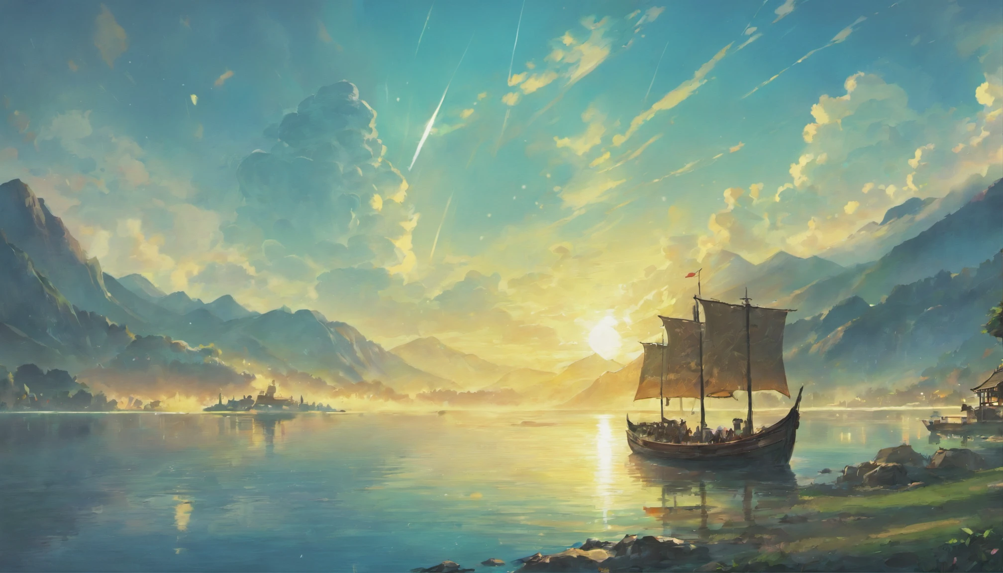 Draw boats in lakes with mountains and sun,Huge sails,dreamlike digital painting, fantasy digital painting, fantasy. gondola boat, Chinese style painting, digital cartoon painting art, glossy digital painting, Chinese painting style, Digital fantasy painting, 8k resolution digital painting, 8 k resolution digital painting, Fantasy landscape painting, A beautiful artwork illustration, 4 k digital painting