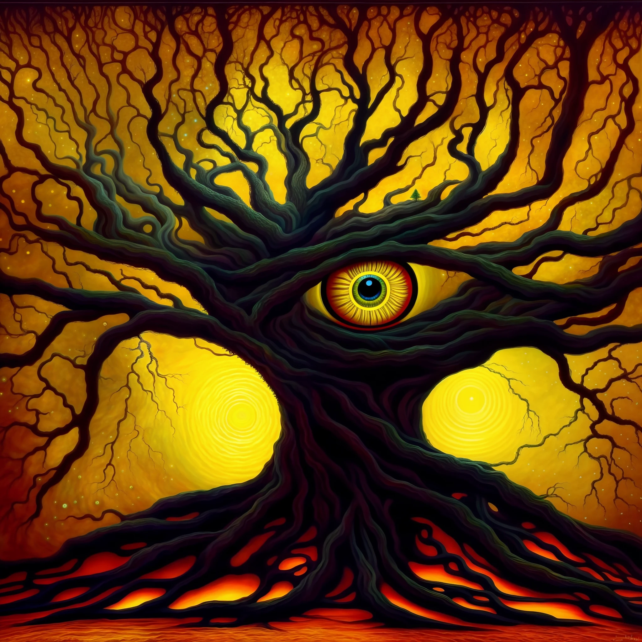 painting of a tree with a large eye in the center, brain tree eye holy grail, mystic eye, portrait of a mystical giant eye, golden sacred tree, of an evil tree wizard, inspired by Vladimir Kush, all - seeing eye, eyeball growing form tree branch, alex grey art, inspired by Alex Grey, one eye, fantasy tree, mystical third eye