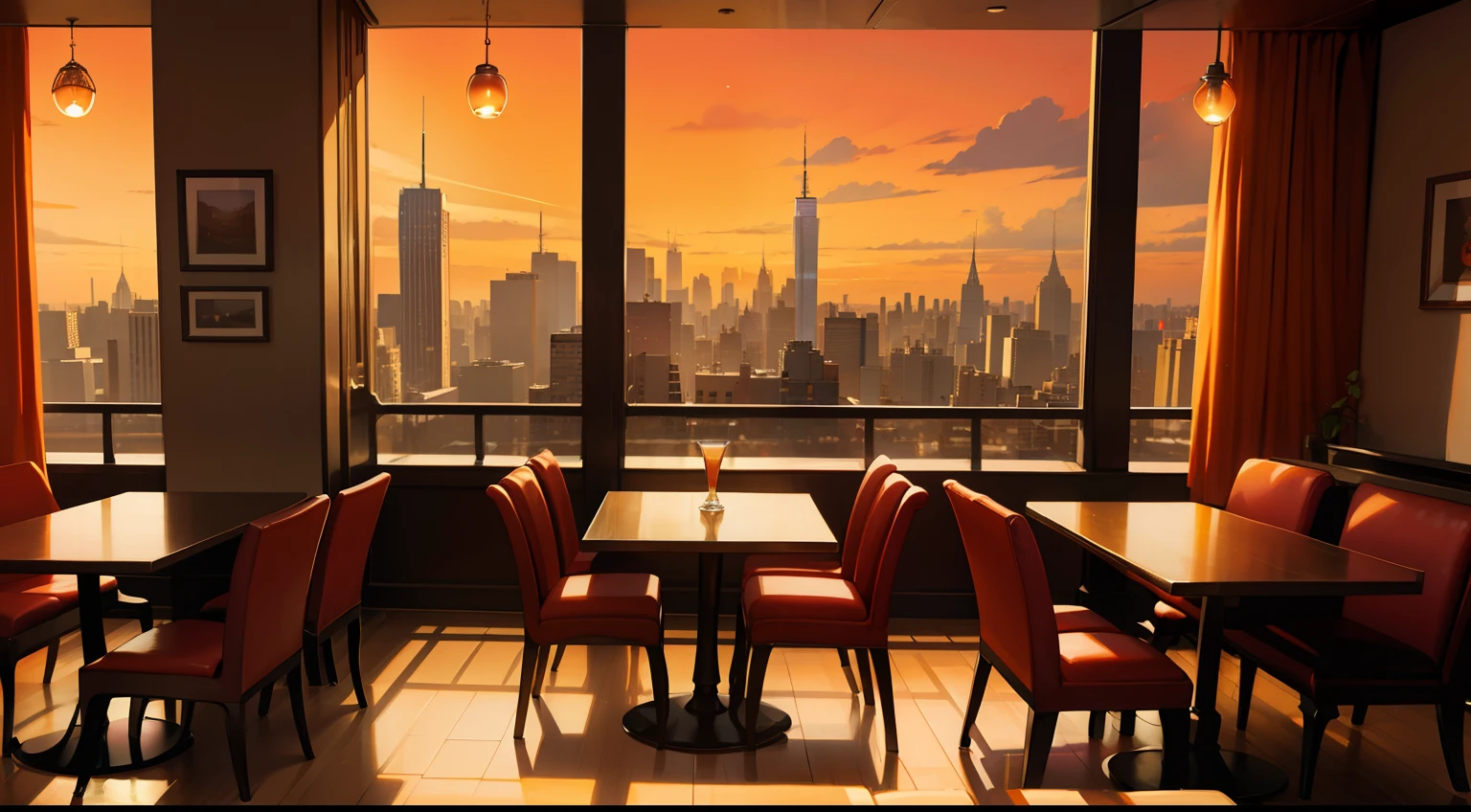 Interior of a café, com ambiente piano jazz, com pano de fundo a cidade de Nova York. The scene is in a red and orange color scheme, dando-lhe uma atmosfera calorosa e vibrante.