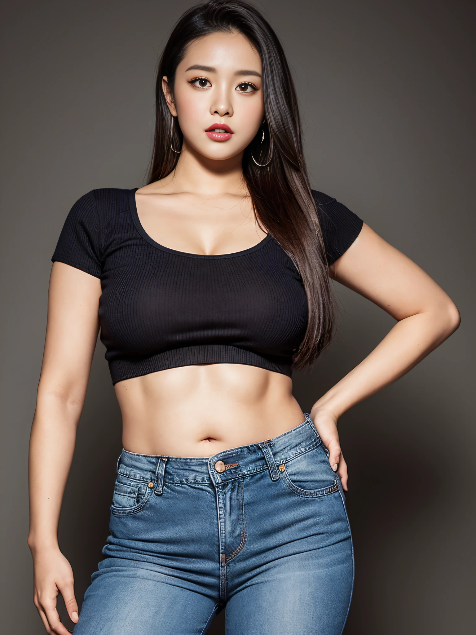 Stunning beauty，half-body shots，a small chest, black crop top short sleeved T-shirt, denim pants，solid color backdrop, fat belly, a fat figure, (Big breasts)