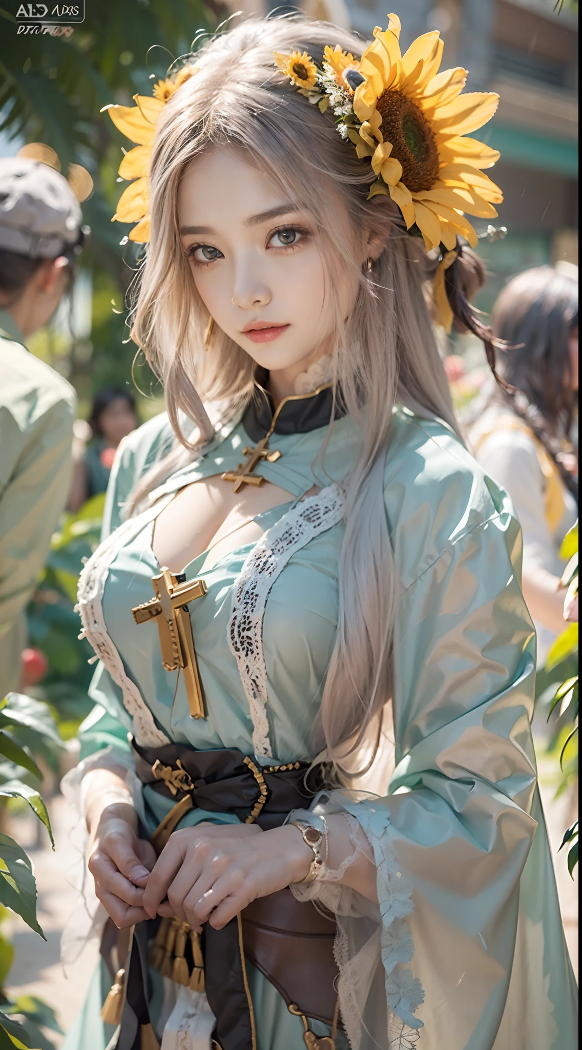In a very grand scene，The extra-large wide-angle lens captures the appearance of a female centaur。She is a Sunflower Worship nun。She is tall，It has the ultimate curvy beauty，The muscles are slender and firm，Beautiful lines。She has（Super huge sky blue eyes：99.99），Always with sexy glasses。（She wears solemn nun attire：9.9），Stepping on a boot-style skyscraper-heel，A pink cross hangs from his chest。（In front of her is the world's only knitted sunflower potted plant with a super healing smile：99.99），This is the icon of God woven from high-grade yarn。Use Midjourney's advanced tools，Design noble and solemn nun costumes for female centaurs，and highlight her unique physiological characteristics and appearance details，Add realism。And in the context of her prayers and listening to confessions，Spectacular views of nature，Such as the sky where storms and sunny days alternate、Brilliant rivers of stars and auroras、The snow-capped summit of Mount Everest、Fireworks in the mountain town, etc。ao mesmo tempo，Away from the hustle and bustle next to the chapel，Create a fantastic scene。Use Midjourney's advanced tools and multiple color palettes、Brush Strokes、Texture tools and model packages，It shows a sense of atmosphere where beauty and charm coexist。The charm of the female centaur is highlighted through color and lines，Enhance realism with detailing，Create a surreal dreamy feeling。Additionally，Use Midjourney's tools to add various exorcism props and books to the female centaur、pergaminhos，Create intricate hairstyles and outfits，Give her a sense of premium。She never flinches，No matter what monster you encounter，can respond quickly，Even the most extreme armies of natural disasters and monsters could not stop her and her front（The only sunflower in the picture with the Tyndall effect exuding sunlight：999.9）。Use Midjourney's powerful tools，You can do it with incredible detail and beauty，Bring this ultra-grand and beautiful scene to life。Ultra-grand scenes，super wide shot， hdr，（真实感，Masterpiec