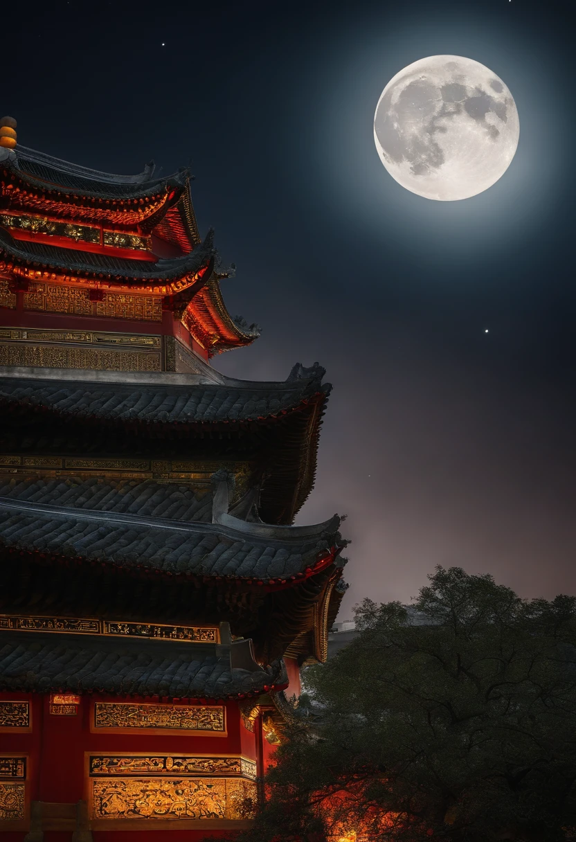 Big Wild Goose Pagoda in ancient China，Panorama Figures，festive atmosphere，The moon hangs high，full of lights, Cities in the air，Chinese style architecture，High angle view, Multiple characters