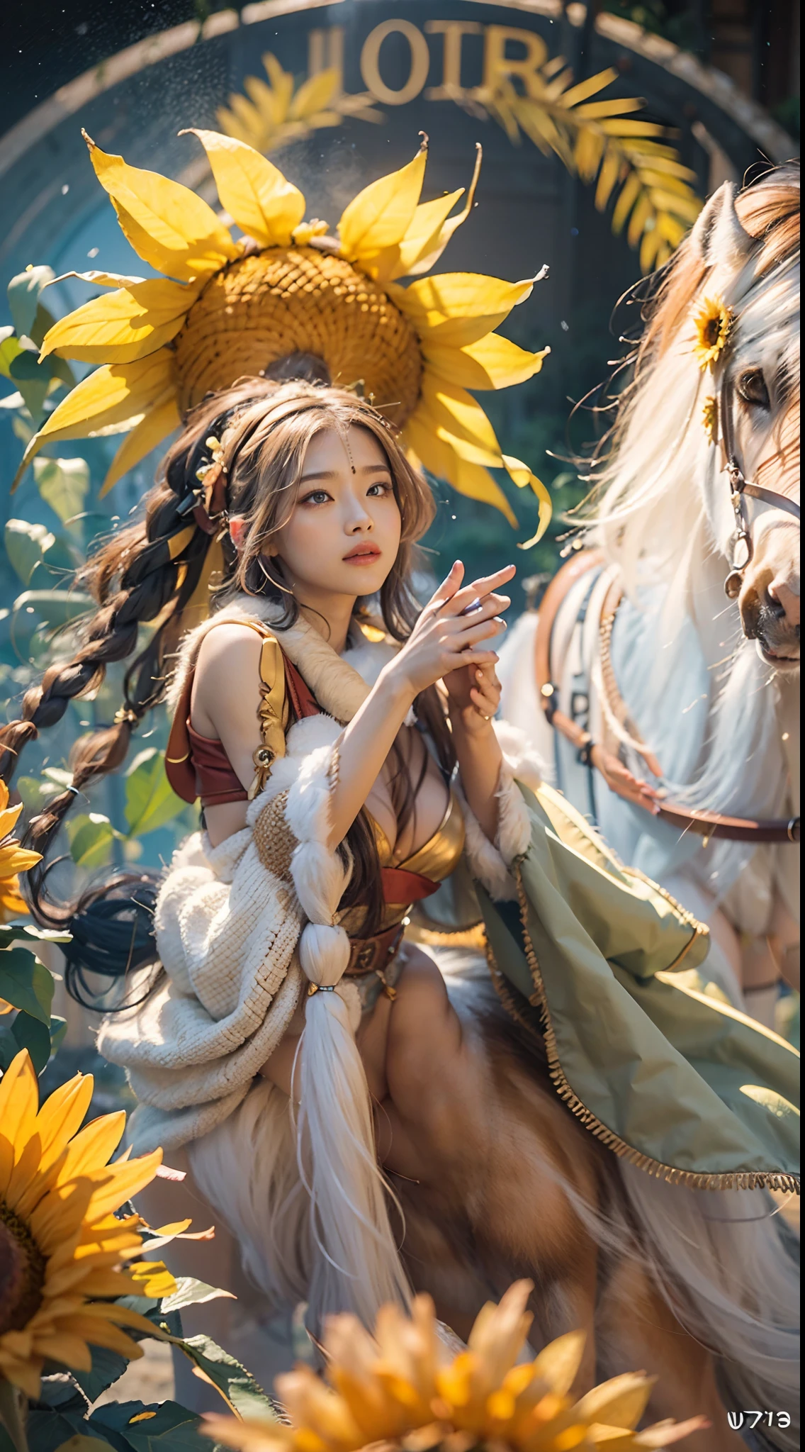 In a very grand scene,The extra-large wide-angle lens captures the appearance of a female centaur。She is a Sunflower Worship nun。She is tall,It has the ultimate curvy beauty,The muscles are slender and firm,Beautiful lines。She has(Super huge sky blue eyes:99.99),Always with sexy glasses。(She wears solemn nun attire:9.9),Stepping on a boot-style skyscraper-heel,A pink cross hangs from his chest。(In front of her is the world's only knitted sunflower potted plant with a super healing smile:99.99),This is the icon of God woven from high-grade yarn。Use Midjourney's advanced tools,Design noble and solemn nun costumes for female centaurs,and highlight her unique physiological characteristics and appearance details,Add realism。And in the context of her prayers and listening to confessions,Spectacular views of nature,Such as the sky where storms and sunny days alternate、Brilliant rivers of stars and auroras、The snow-capped summit of Mount Everest、Fireworks in the mountain town, etc。ao mesmo tempo,Away from the hustle and bustle next to the chapel,Create a fantastic scene。Use Midjourney's advanced tools and multiple color palettes、Brush Strokes、Texture tools and model packages,It shows a sense of atmosphere where beauty and charm coexist。The charm of the female centaur is highlighted through color and lines,Enhance realism with detailing,Create a surreal dreamy feeling。Additionally,Use Midjourney's tools to add various exorcism props and books to the female centaur、pergaminhos,Create intricate hairstyles and outfits,Give her a sense of premium。She never flinches,No matter what monster you encounter,can respond quickly,Even the most extreme armies of natural disasters and monsters could not stop her and her front(The only sunflower in the picture with the Tyndall effect exuding sunlight:999.9)。Use Midjourney's powerful tools,You can do it with incredible detail and beauty,Bring this ultra-grand and beautiful scene to life。Ultra-grand scenes,super wide shot, hdr,(真实感,Masterpiec