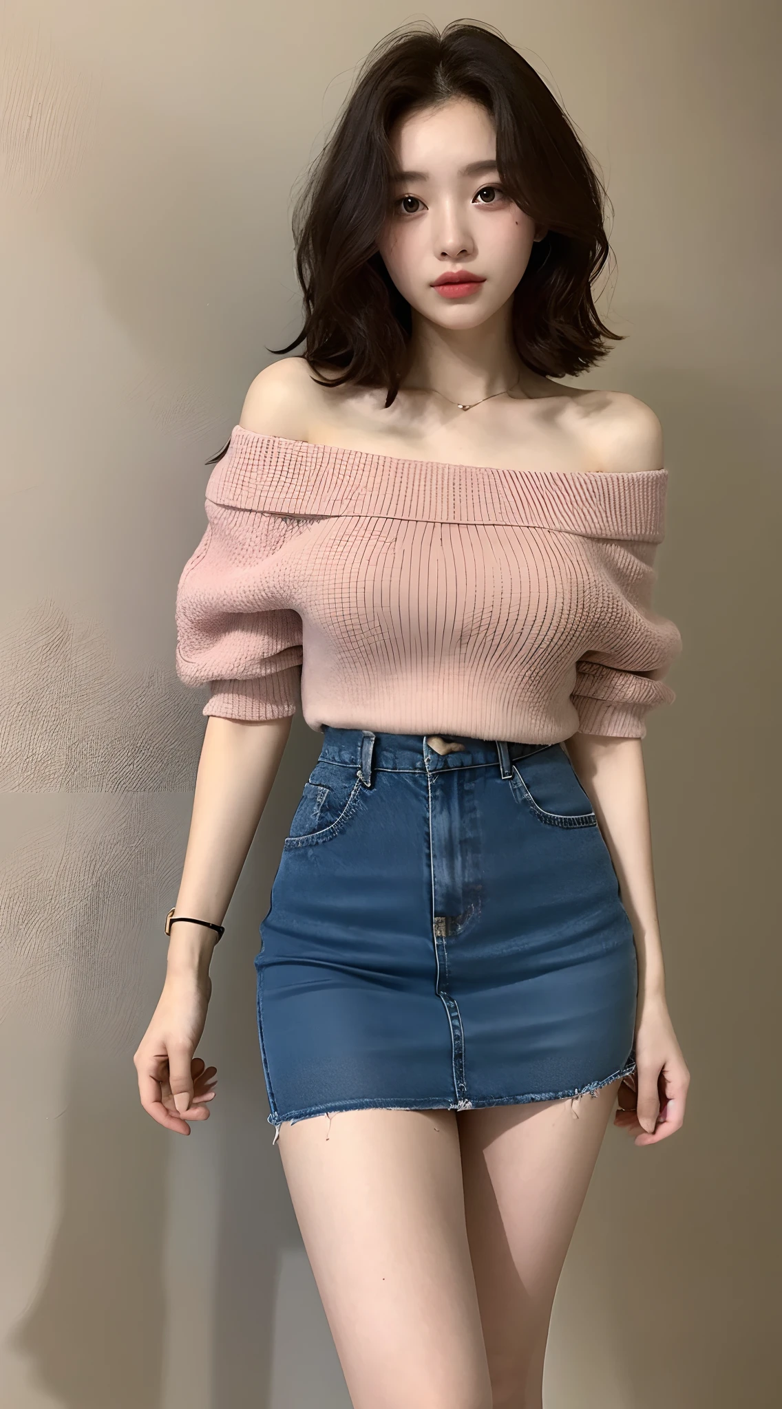a beautiful yo woman, off shoulder, high waist short skirt,
