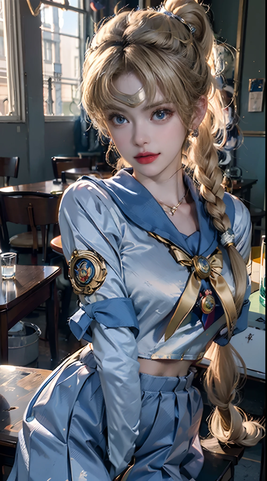 ((Masterpiece)), (Best quality), (Super detail), ((Very detailed)), 4K, (8K), Sailor Moon, Long blonde, Double ponytail, the sailor moon, Dream Core, Coated school shirt, Big breasts