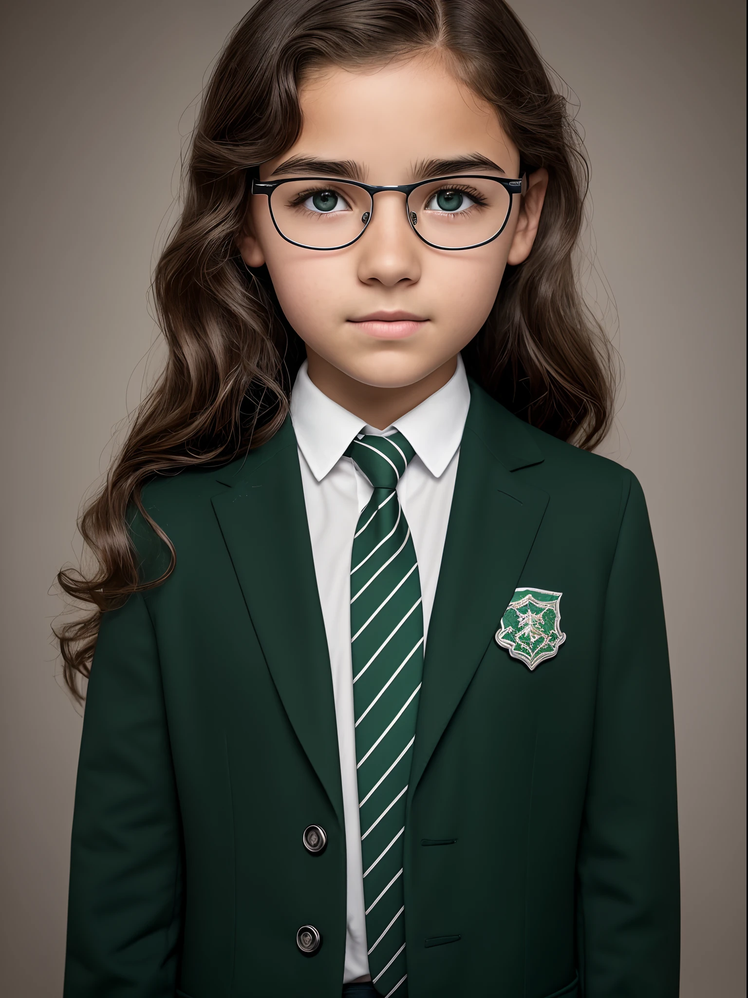 Realistic photo of a 10-year-old girl of European appearance, slightly curly brown thick hair below the shoulder blades(to the middle of the back); Large shiny dark brown eyes, long eyelashes, eyeglasses(The natural shine of glasses), thick eyebrows, Serious, хмурая, A bored look, looks at the camera from under his eyebrows(a slight tilt of the head forward and down), In the look you can read the desire to leave here; Realistic form of the Hogwarts School of Magic, Slytherin Faculty (green and silver colors, striped tie); Without cosmetics, Unadorned; Straight posture(Photography for documents), sits directly on camera, Direct view(full face); Professional studio photography with a film SLR camera("Zorkiy-4"), (passport photo), hight resolution, Natural Realistic Detailed Skin Texture, natural lightin, 8K, Texture of the photo card, Maximum photorealism