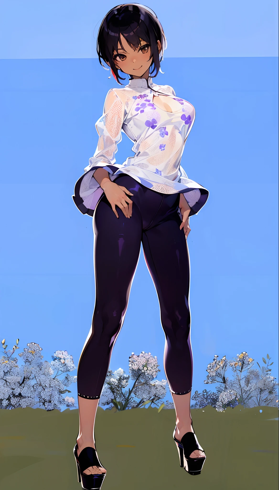 (Materpiece, best image, best quality, good anatomy, complete body), 1 girl. solo. dark skin, black hair, short hair, brown eyes, smile, happy, white shirt with violet flowers, purple leggins, black platform heels, city, colorful, day