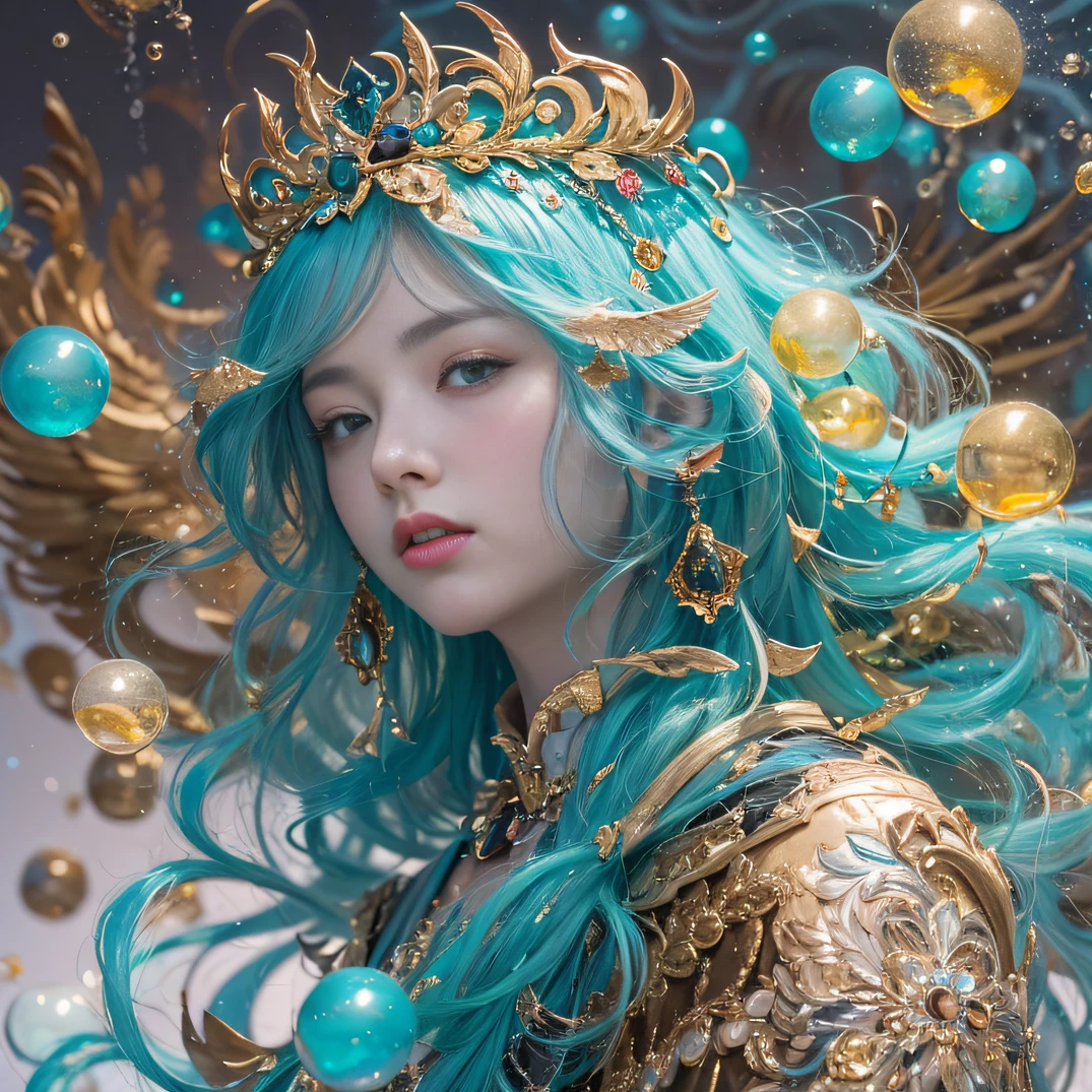 cyan colors，blue colors，enamel，agates，A flesh-colored world，Blood Blue Maiden 32K（tmasterpiece，k hd，Aoyama Pond，hyper HD，32K）Long flowing bright blue hair，blood pond，zydink， a color，Grumpy （Post-halo）， （Linen scarf）， Combat posture， looking at the ground， long whitr hair， Floating bright blue， Fire cloud pattern gold tiara， Chinese long-sleeved gold silk burgundy garment， （Abstract metaverse splash：1.2）， white backgrounid，Peony flower vitality protector（realisticlying：1.4），Bright purple hair，Smoke on the road，The background is pure， A high resolution， the detail， RAW photogr， Sharp Re， Nikon D850 Film Stock Photo by Jefferies Lee 4 Kodak Portra 400 Camera F1.6 shots, Rich colors, ultra-realistic vivid textures, Dramatic lighting, Unreal Engine Art Station Trend, cinestir 800，A girl with long flowing bright blue hair，Huge colorful bubbles