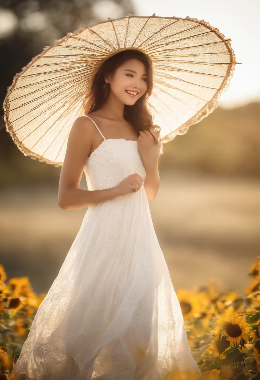 Fuwa Aika,1girl,solamente, (vestido de encaje blanco:1.2),vestido fluido (Sombrero de parasol:1.2), Campo de girasoles, Bajo la luz del sol, sonrisa ligera,Mirando al espectador, viento, dynamic, Luz y sombra fuertes,dynamic pose,
