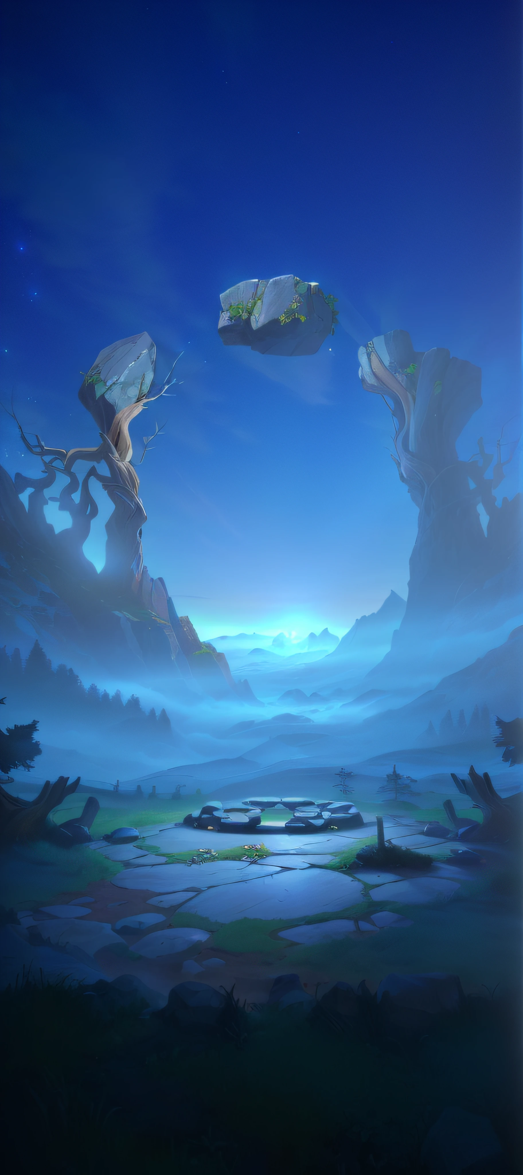 Ring stone circle,Tree roots are wrapped around stone,The tree,ln the forest,mountain ranges,Huge platform,unreal engine rendered