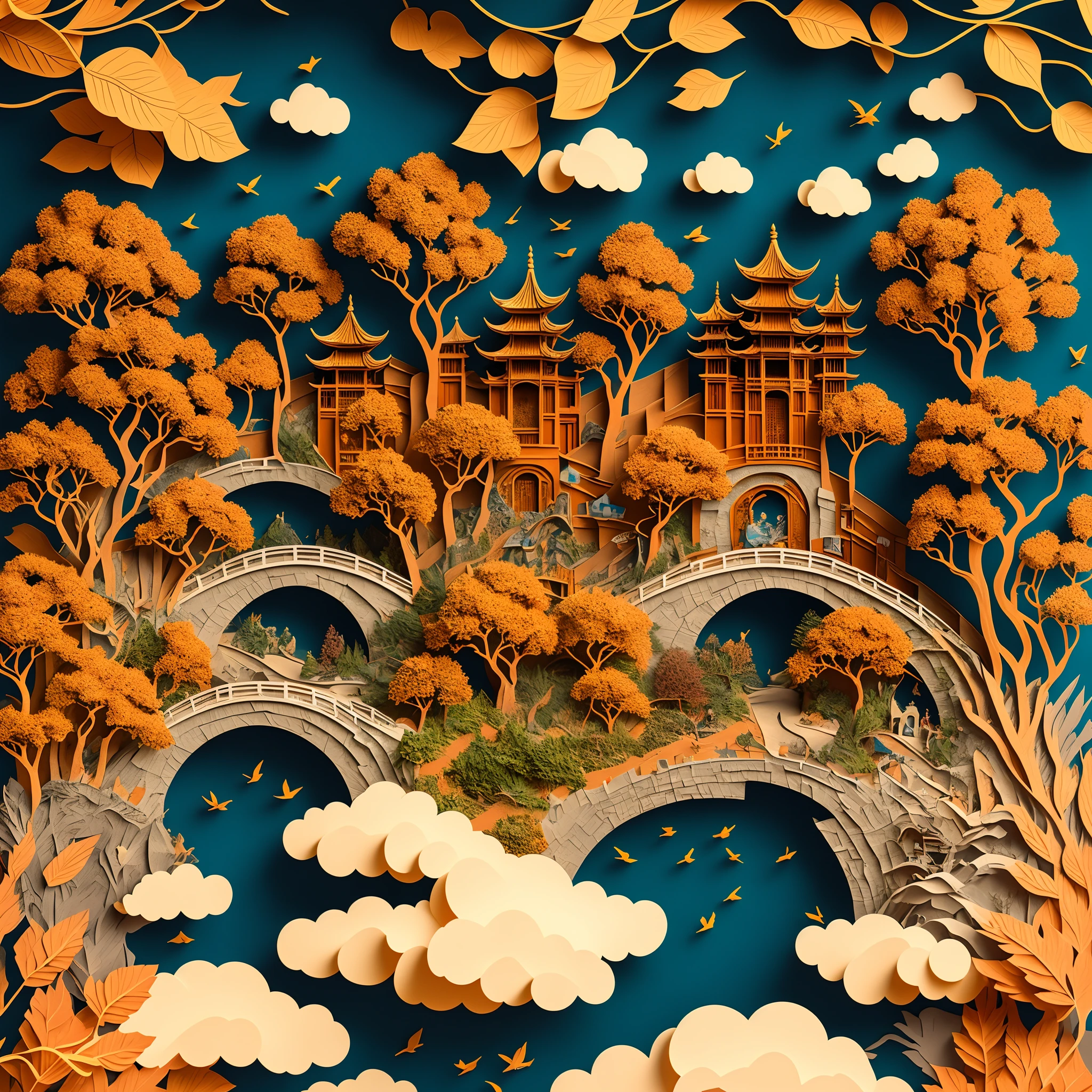 8K, Best quality, Masterpiece, Ultra-high resolution, (photo-realistic:1.4), RAW photo, Close-up, paper cut out, Chinese architecture, Villas,gardens,courtyard,yard,Landscapes, Sea of Clouds, Sharp focus, Ray tracing, Intricate details, in fall, Golden hour lighting, Fine art imitation