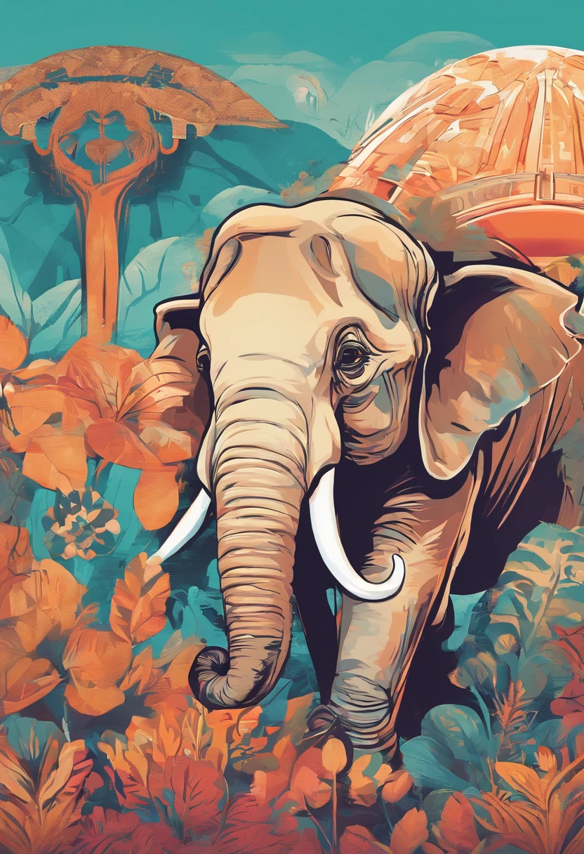 Flat illustration super cute elephant,Center composition,vivd colour,lightand shade contrast,hyper-high detail,4K,flatillustration
