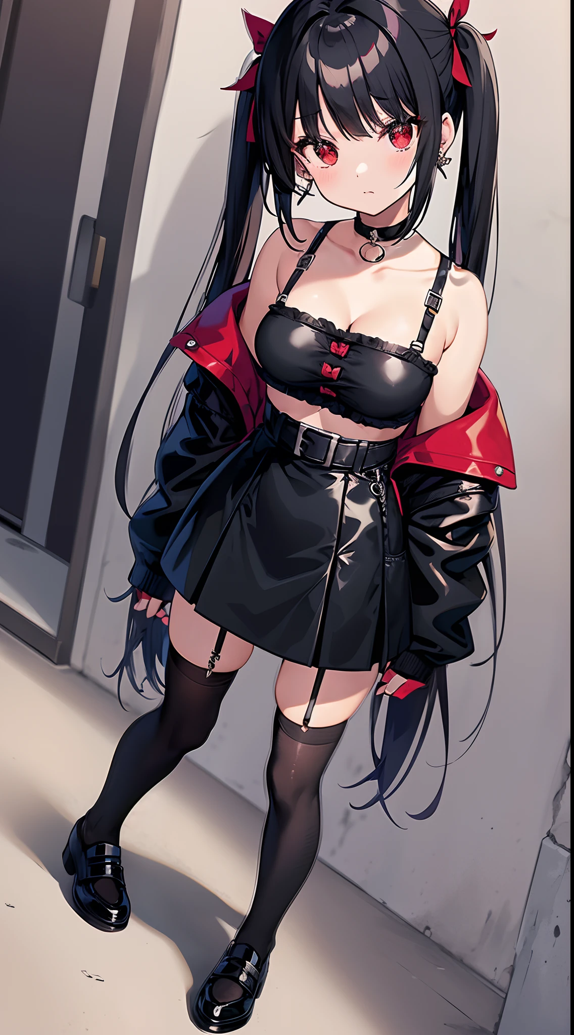 Anime style girl, 1 girl, solo, red eyes, black hair, twintails, hair ribbon, earrings, very cute clothes, off-shoulder top, miniskirt, leather shoes, cleavage, looking at viewer