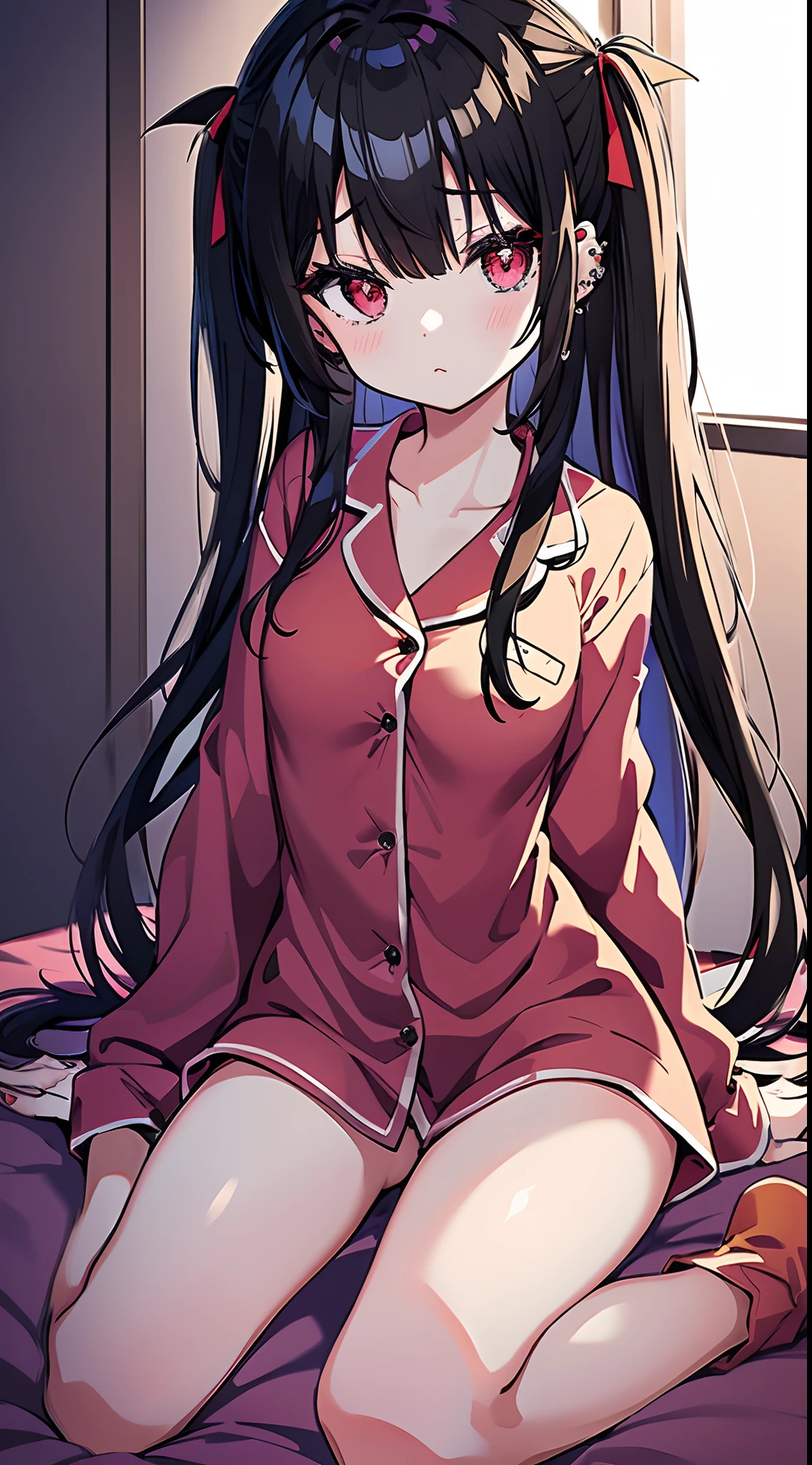 Anime style girl, 1 girl, Solo, Red Eyes, Black hair, Twin-tailed, Hair Ribbon, piercings, s Pajamas,Looking at Viewer,bedroom,Sleeping in bed