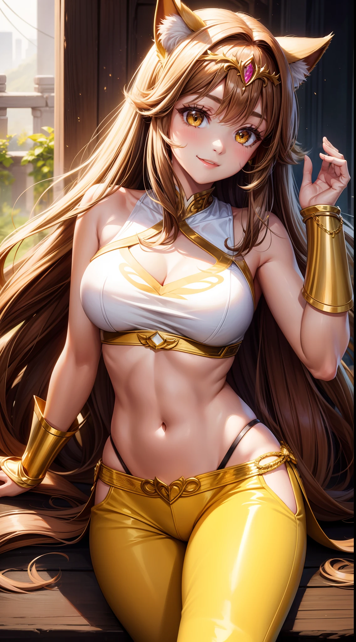 young girl, Long brown hair, cat ears, Yellow eyes, Smile, Brown tight upper, pants, diadem, Gold Elements, She-ra, Masterpiece, hiquality, 4k, HD, Good detail