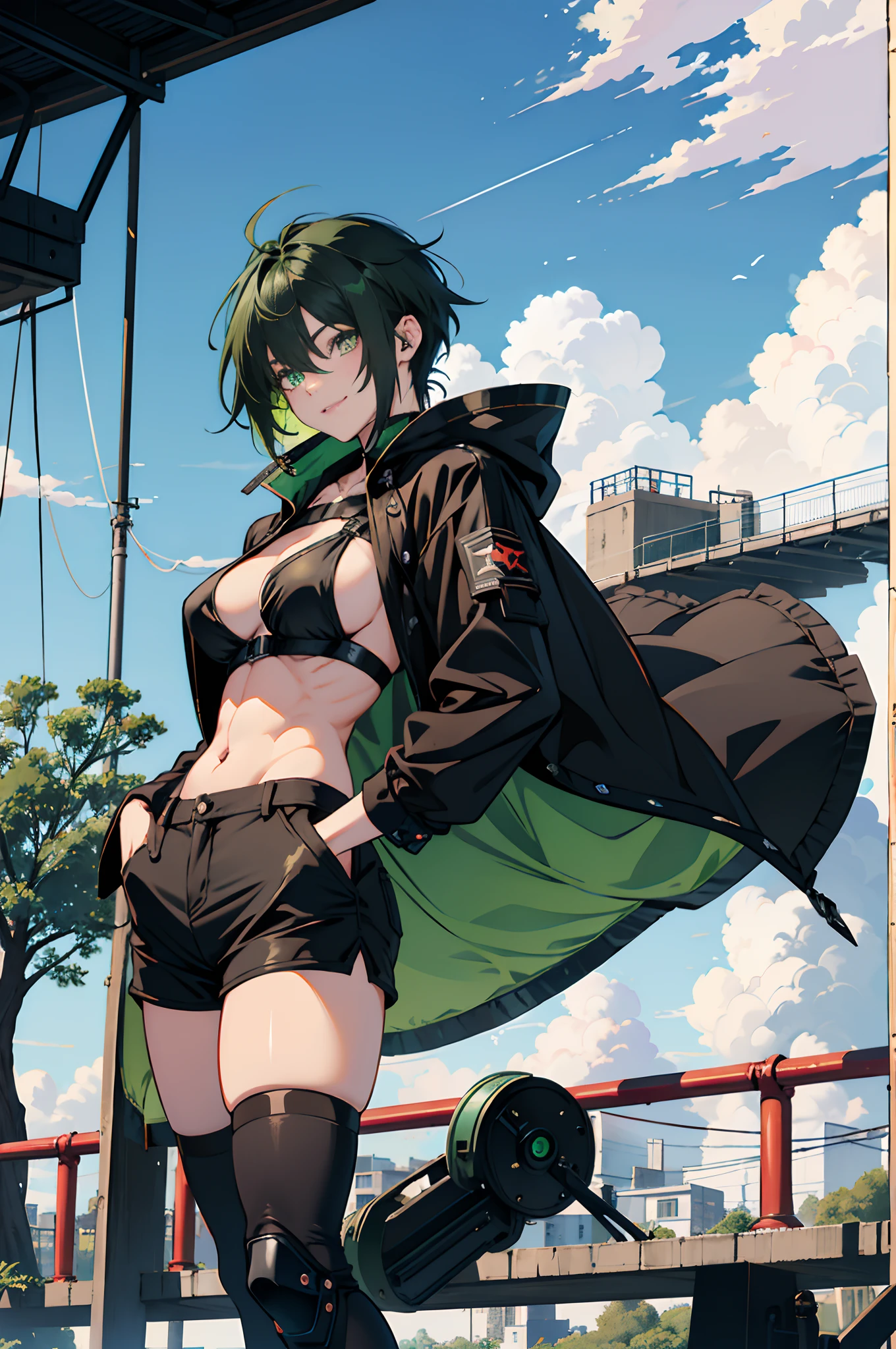 Pure sky,mechanical leg,Black mechanical legs,Plump legs,Green gem setting,Anime girl standing gracefully on the ground,Black cape and green hair, rogue anime girl, Anime girl standing, Wearing a cloak on the blasted plain, asuka suit under clothes!, Cyborg girl, badass posture, mechanic punk outfit, anime styled 3d, render of a cute 3d anime girl, gapmoe yandere grimdark, Female character,musculature,Abs,Glowing green eyes,Black hair with green gradient,short detailed hair,Bunched hair,Dull hair,(Muscle 2.0),Tomboyish,Be red in the face,looking at viewert,Elaborate Eyes,Black mechanical legs,huge tit,1.5,Put your hands in your pockets,ssmile,blacksilk,Straight big breasts,strappy,Black openwork hot pants,White bandeau,Toothless smile,Lower breast,Mechanical wind,There are no cities,Side breasts